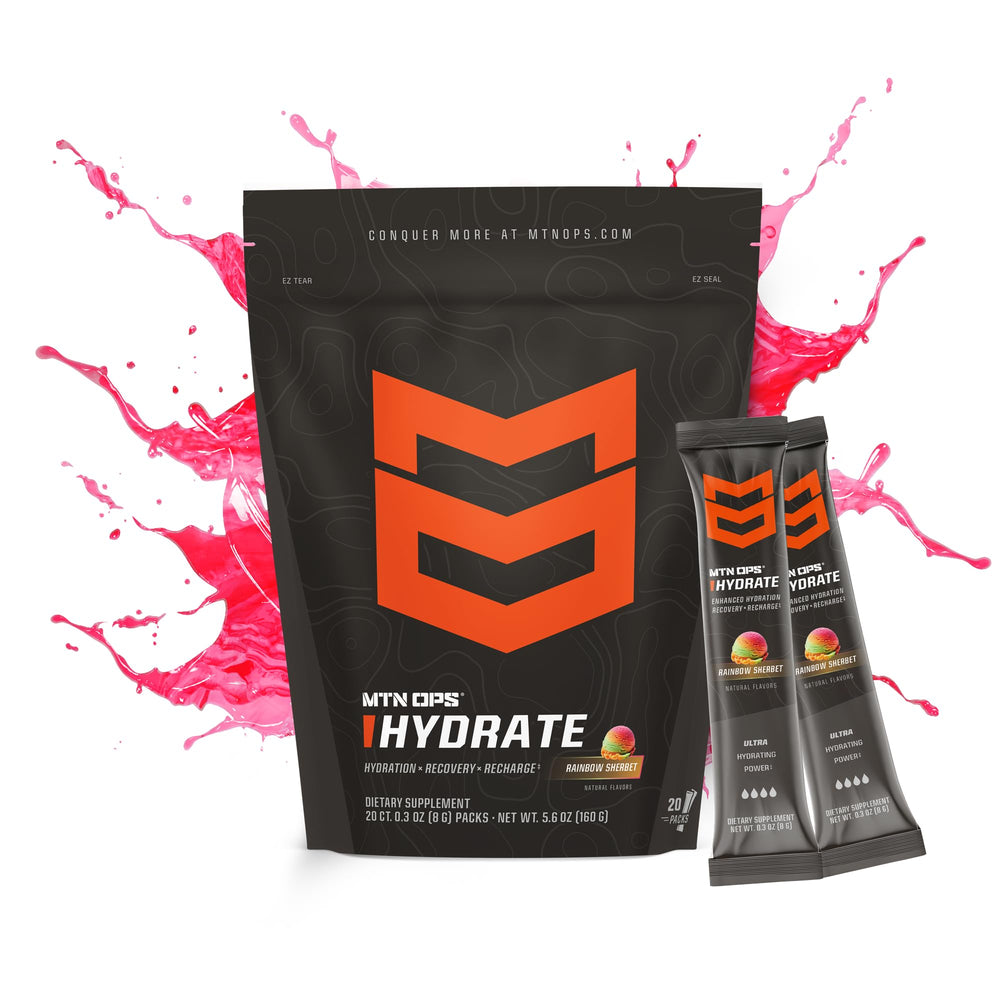 MTN OPS Hydrate gluten-free formula label indicates clean hydration.