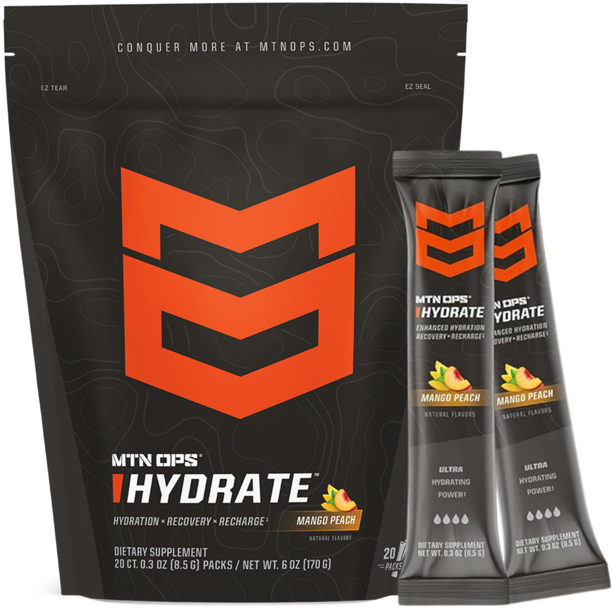 MTN OPS Hydrate mango peach sachet for convenient on-the-go hydration.