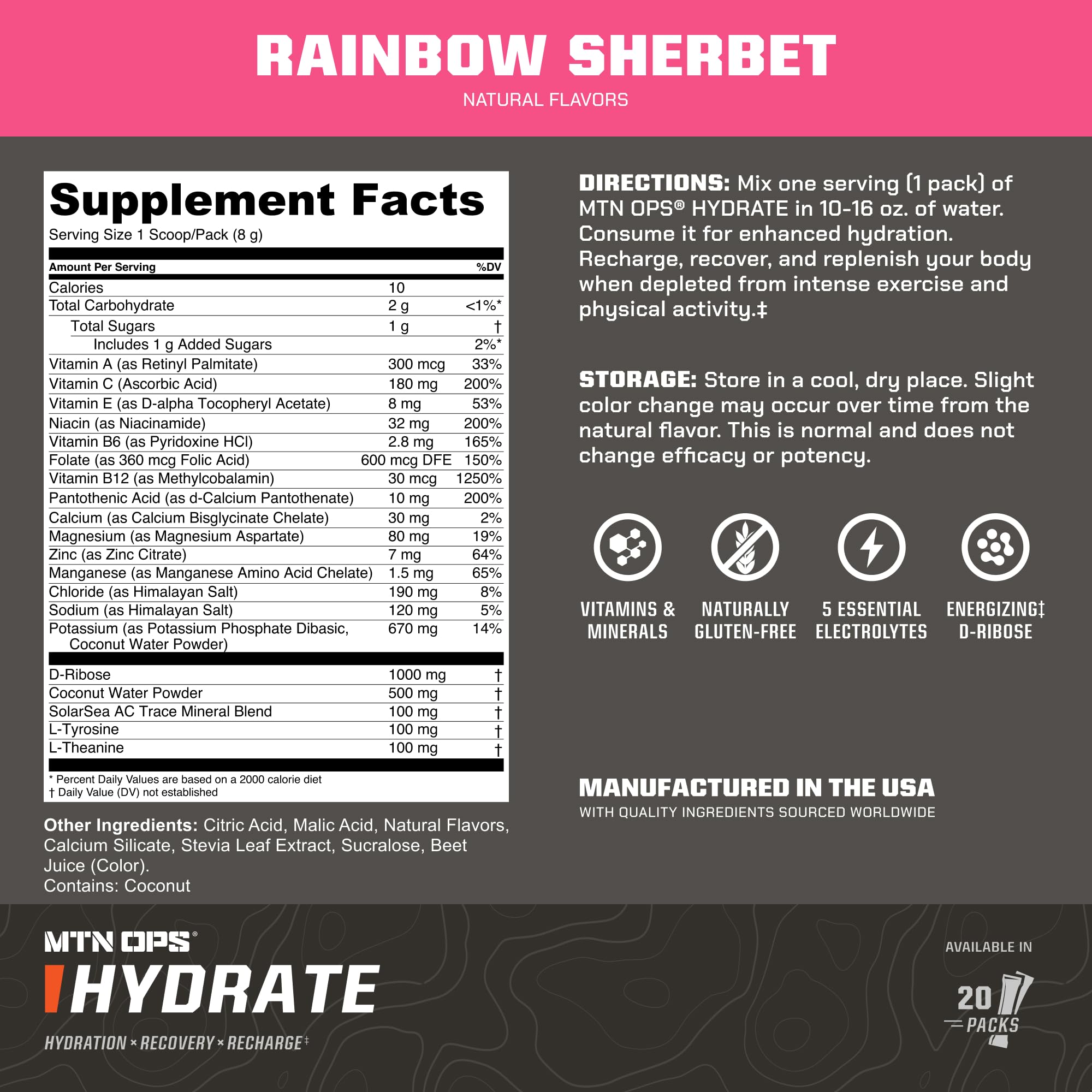 MTN OPS Hydrate on-the-go packs shown for convenient electrolyte replenishment.