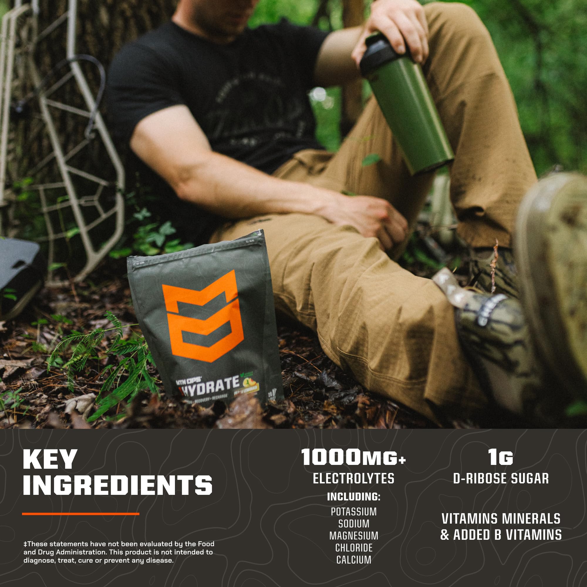 Outdoor trail scene with MTN OPS Hydrate during a long, sunny hike