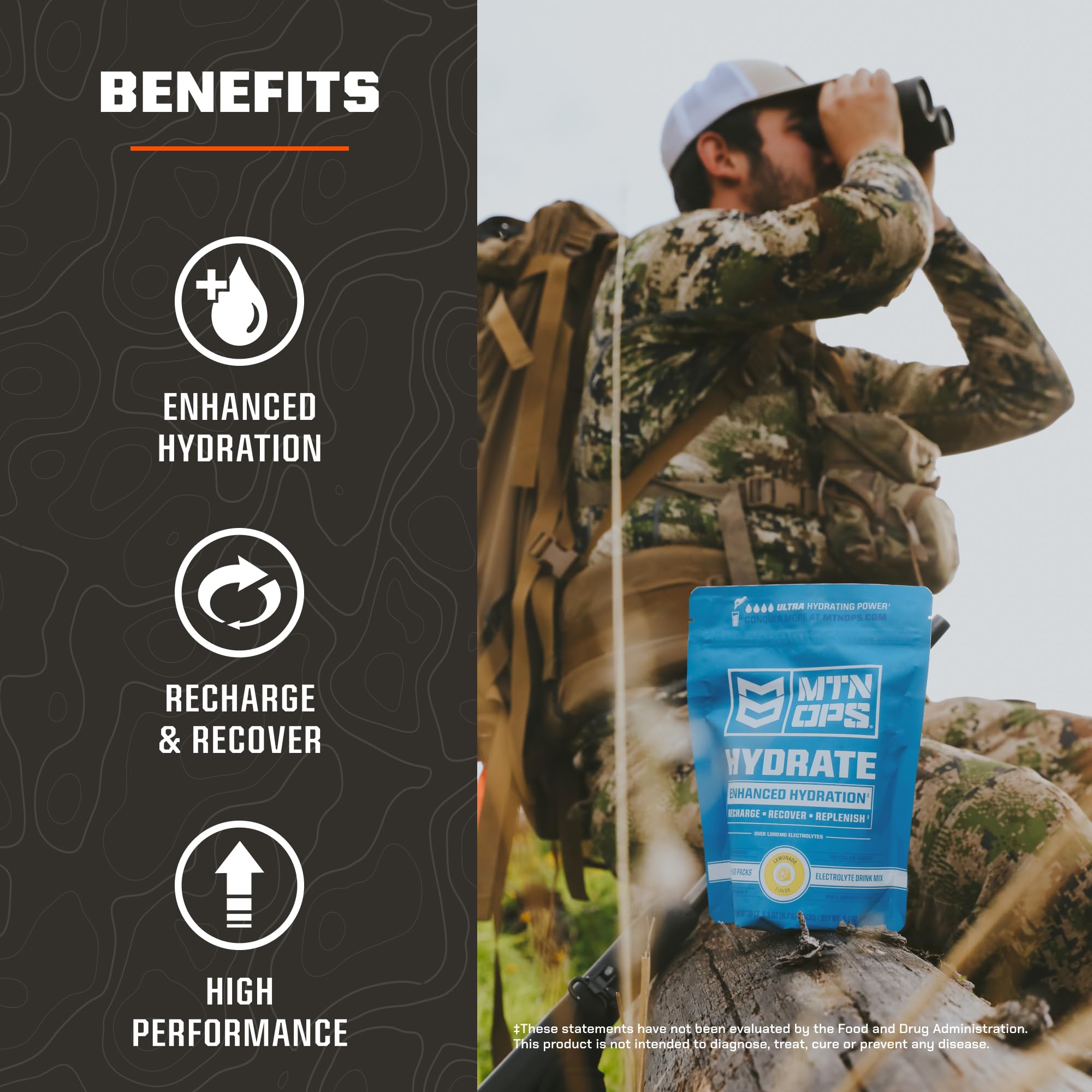 Bottle with MTN OPS Hydrate pineapple packs and packaging