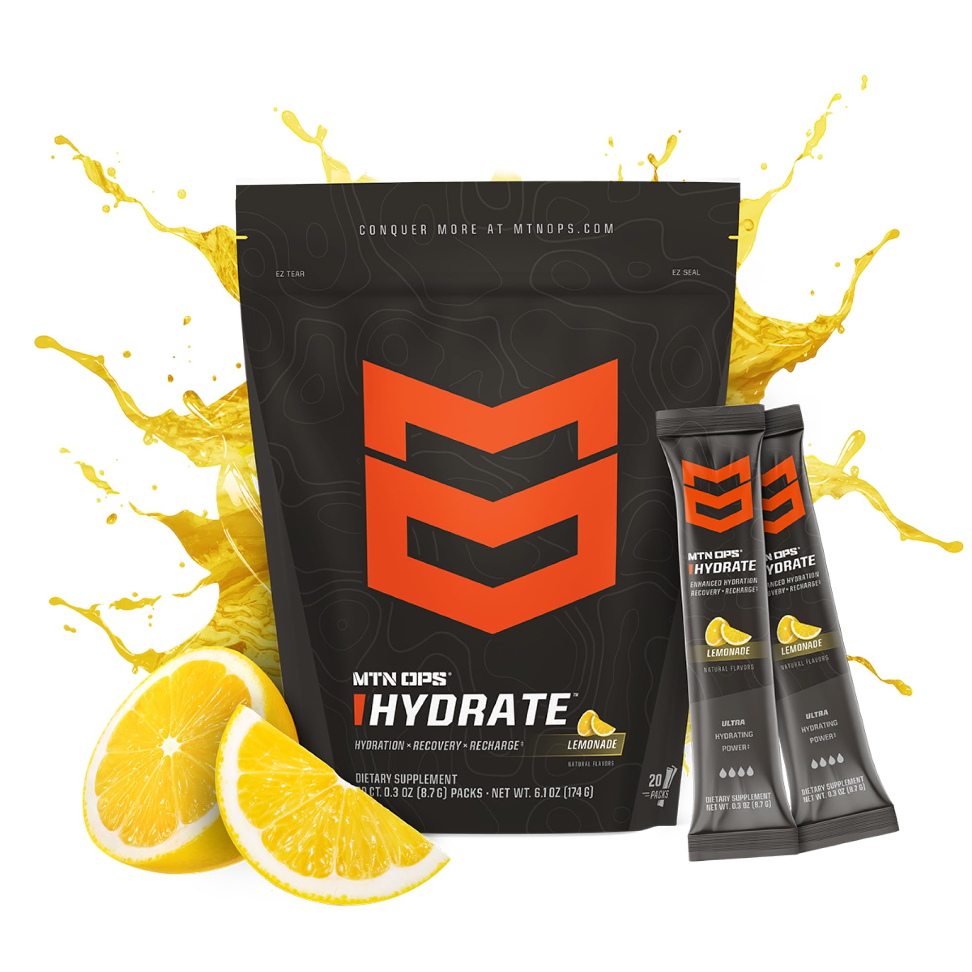 MTN OPS Hydrate powder dissolving in water to create a refreshing lemonade drink.