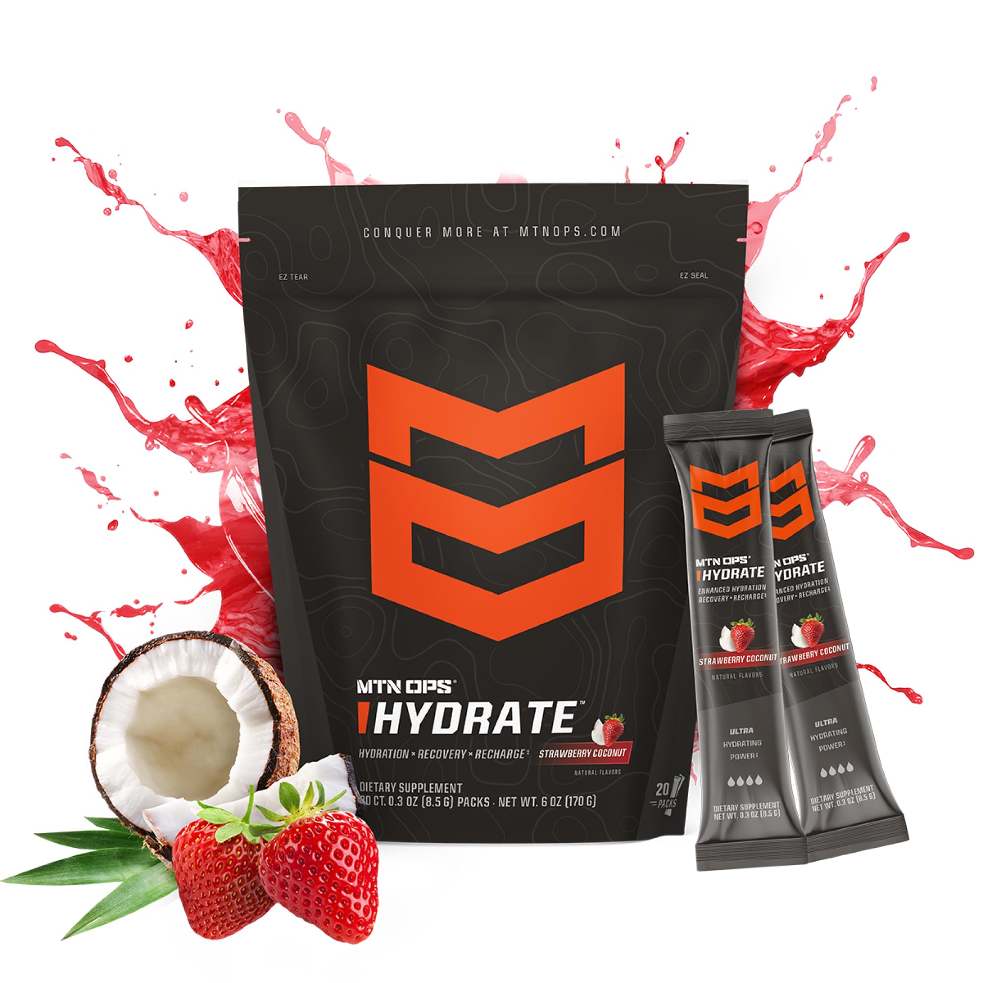 MTN OPS Hydrate strawberry coconut powder ready to mix for refreshment.