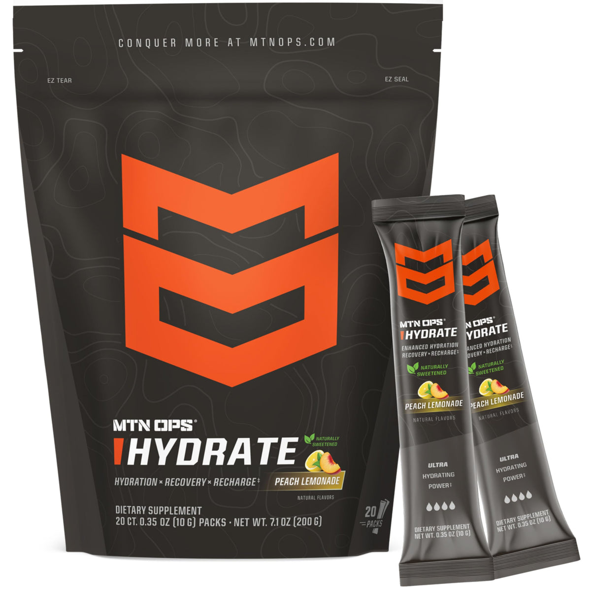 MTN OPS Hydrate tub front with peach lemonade flavor for easy daily hydration