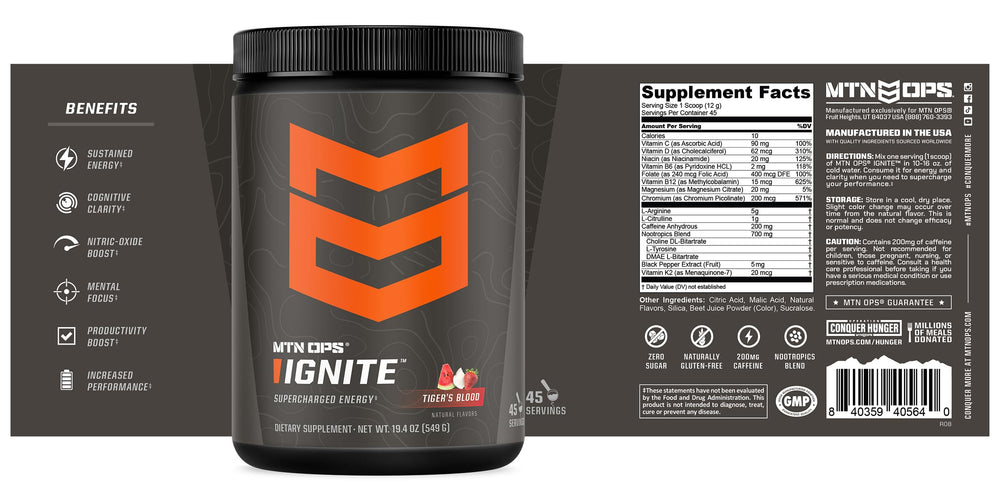 MTN OPS Ignite all-in-one energy drink mix supporting daily stamina without sugar.