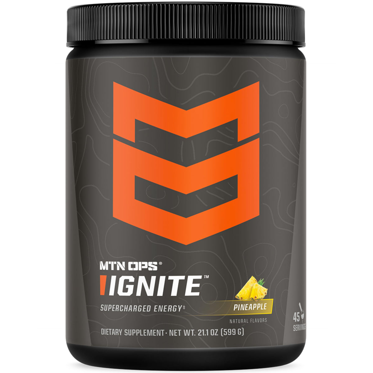 MTN OPS Ignite Pineapple Crush front label showing gluten-free energy powder for sustained focus