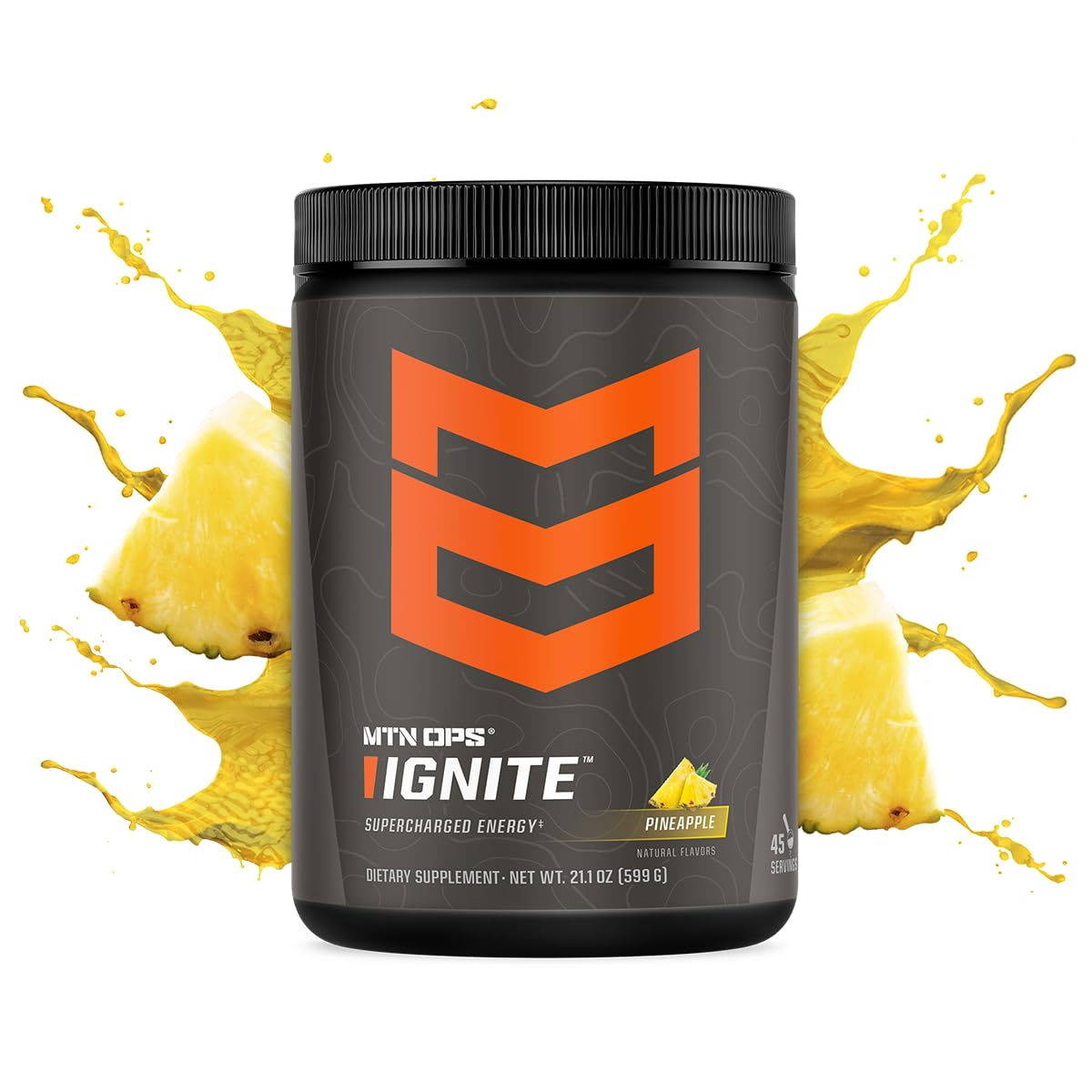 MTN OPS Ignite Pineapple Crush glass with powder mixed for a refreshing boost