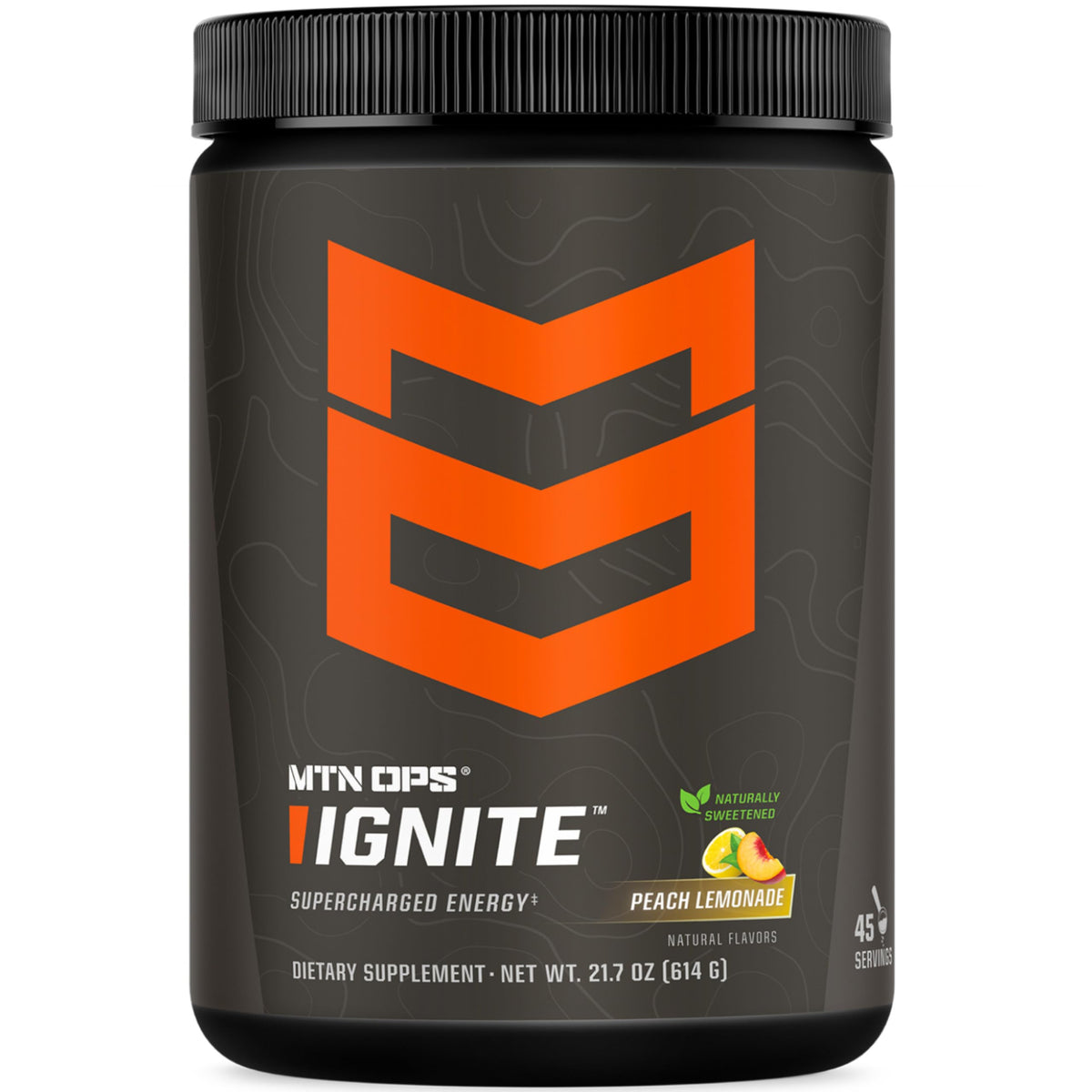 MTN OPS Ignite energy powder bottle shown for a clean energy boost in the morning