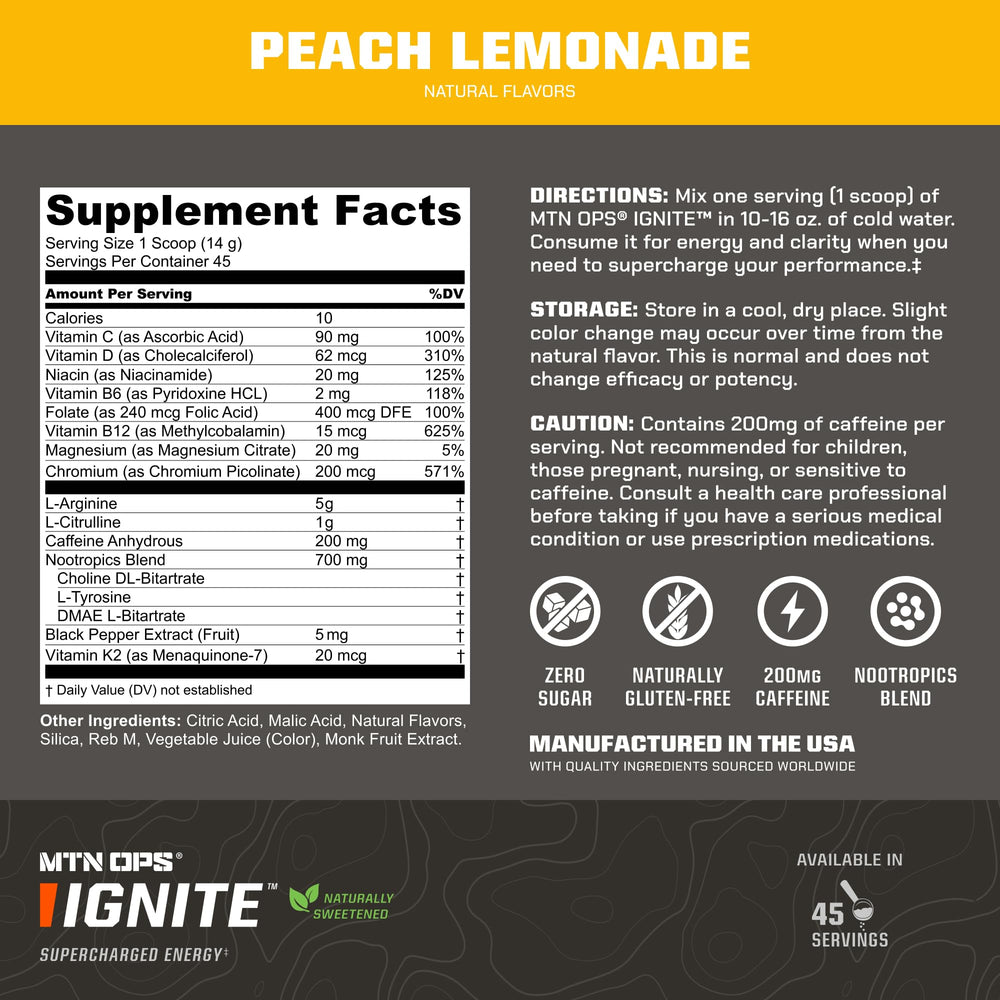 MTN OPS Ignite glass full of peach lemonade ready for refreshing focus