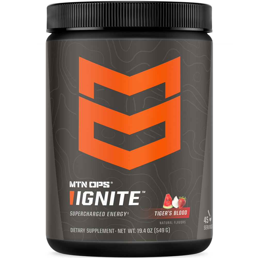 MTN OPS Ignite energy drink powder tub shown for long-lasting focus and clean endurance.