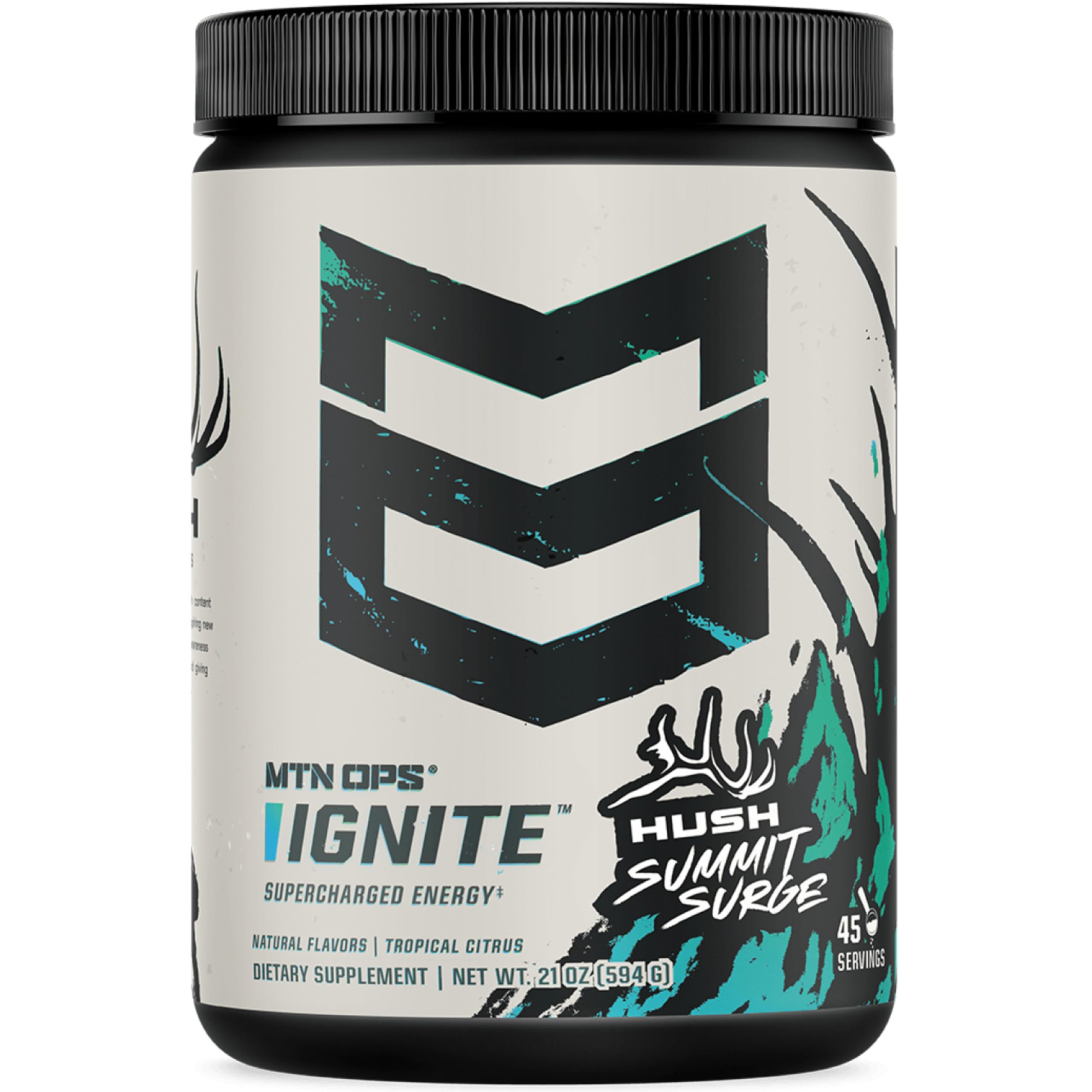 MTN OPS Ignite energizing powder tub label for a quick workout boost.