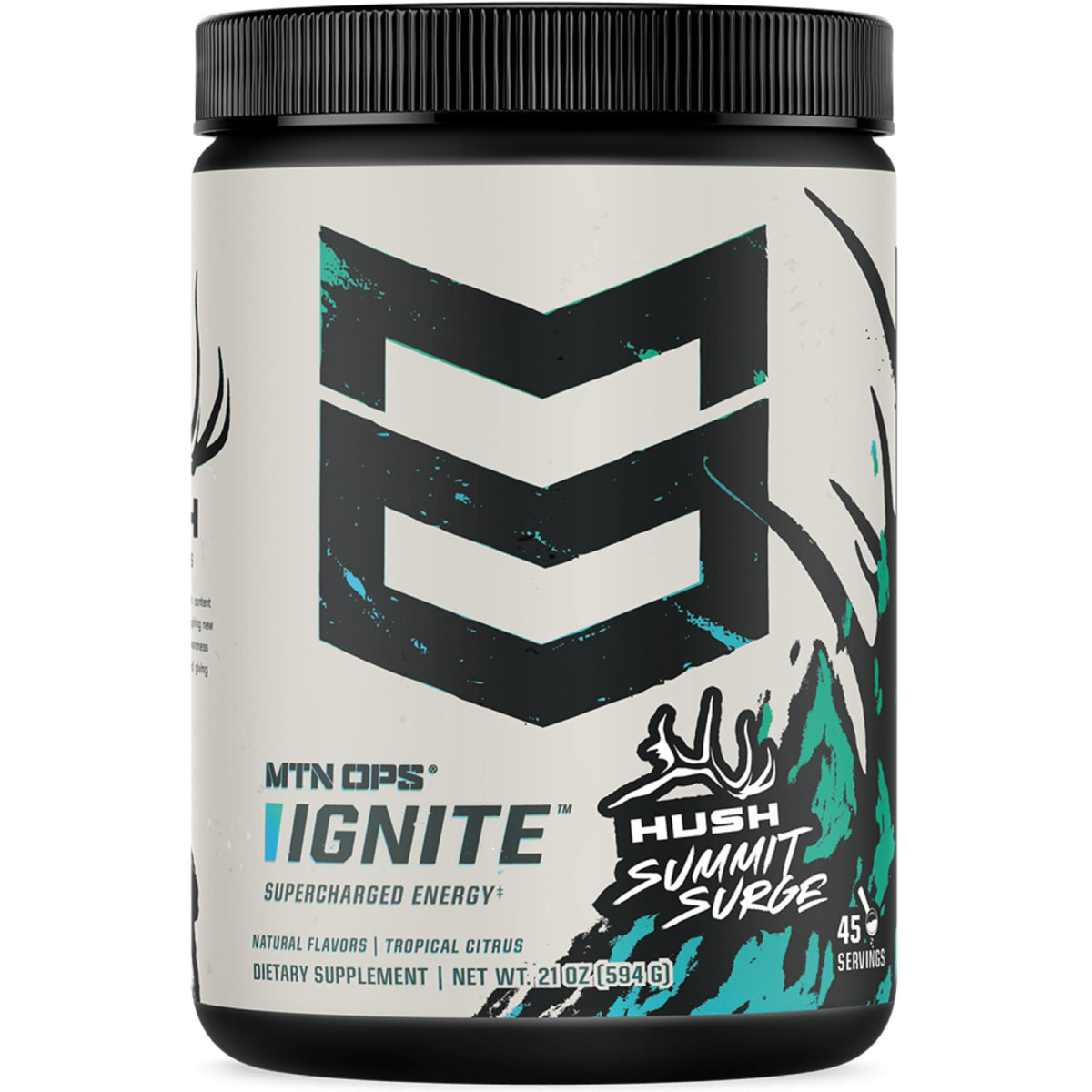MTN OPS Ignite energizing powder tub label for a quick workout boost.