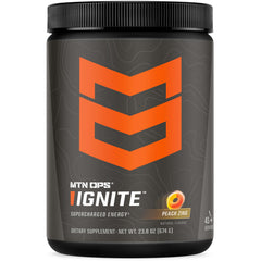 MTN OPS Ignite energy powder tub with peach zing gluten-free formula for steady energy