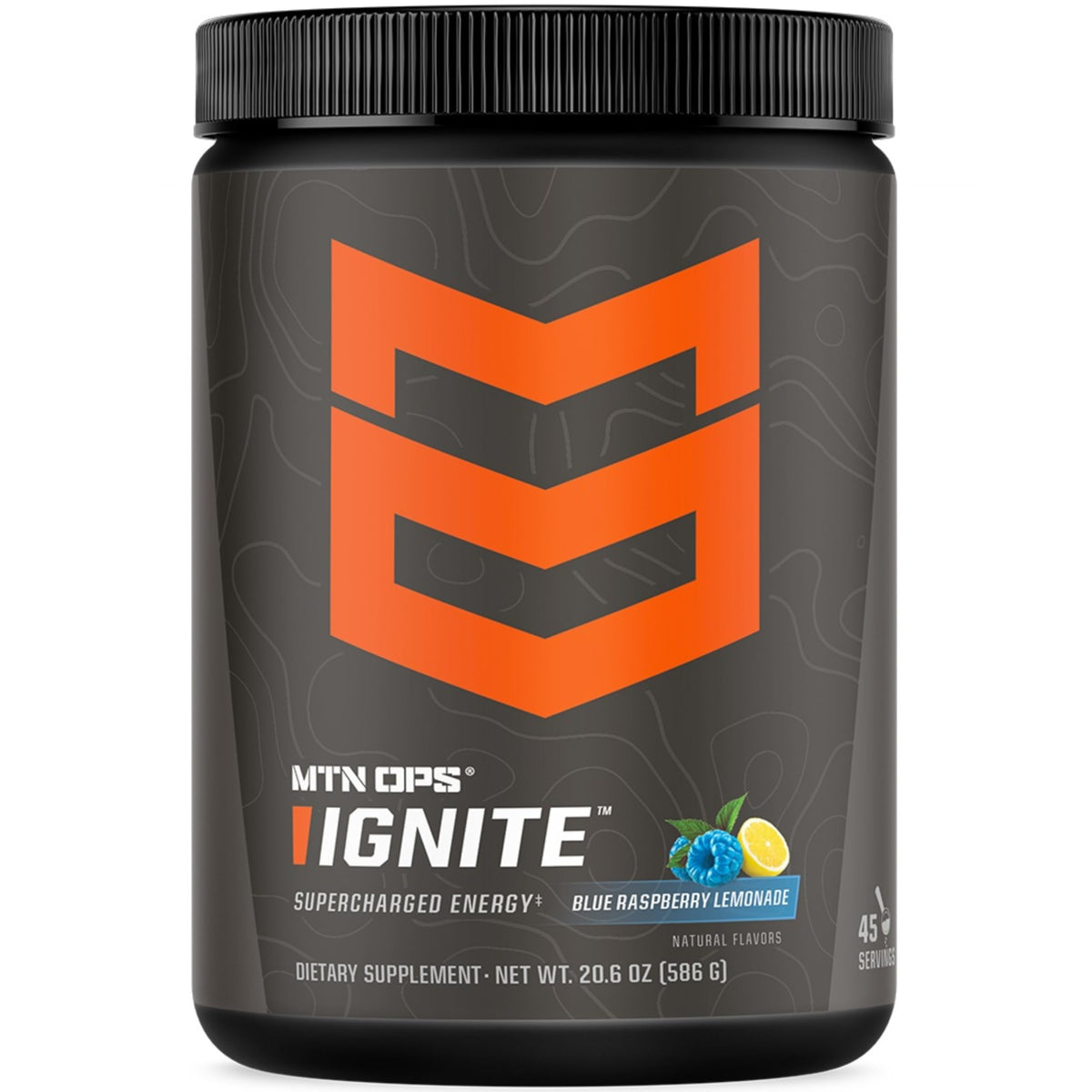 MTN OPS Ignite gluten-free energy powder tub with label for clean focus