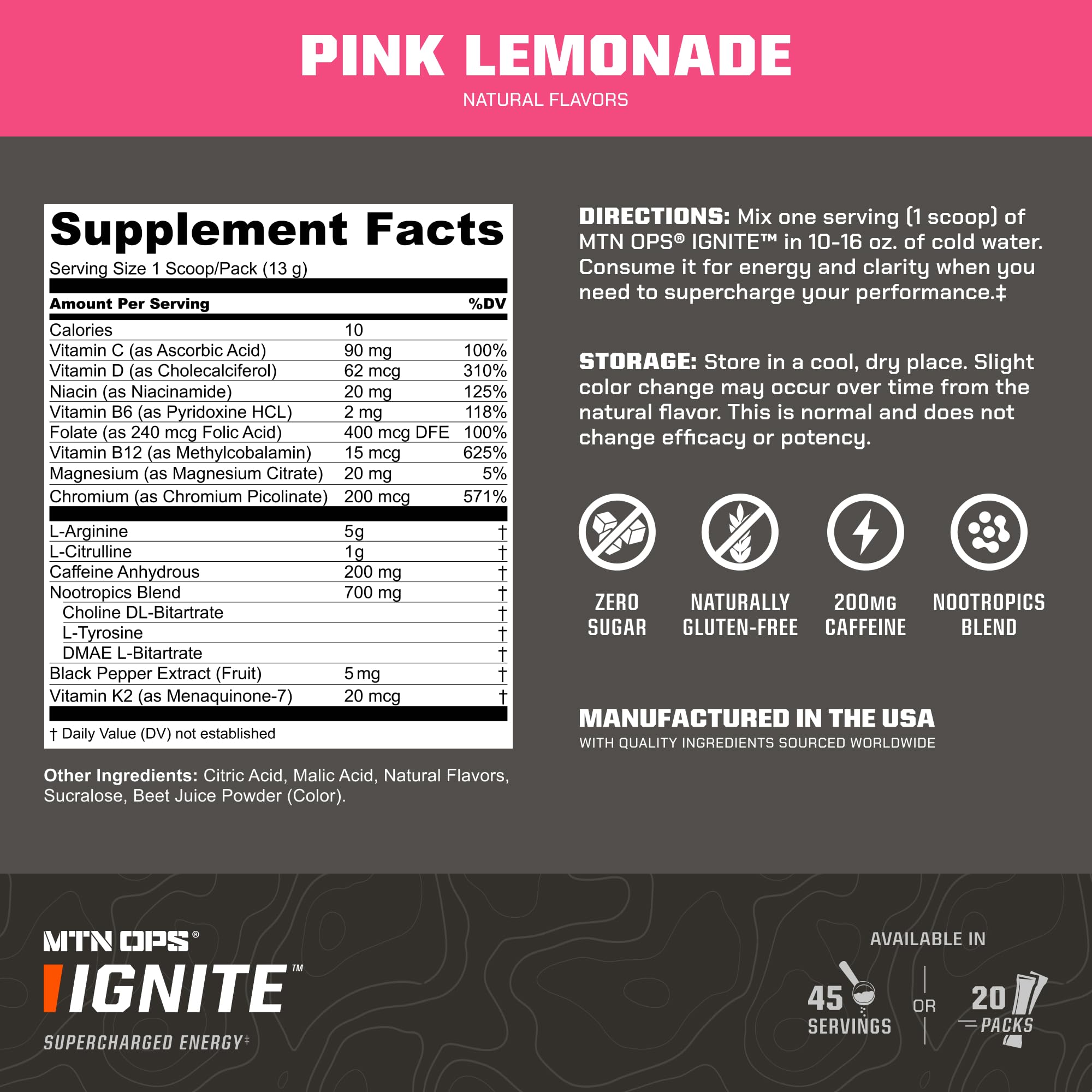 MTN OPS Ignite gluten-free formula close-up showing amino acids and caffeine