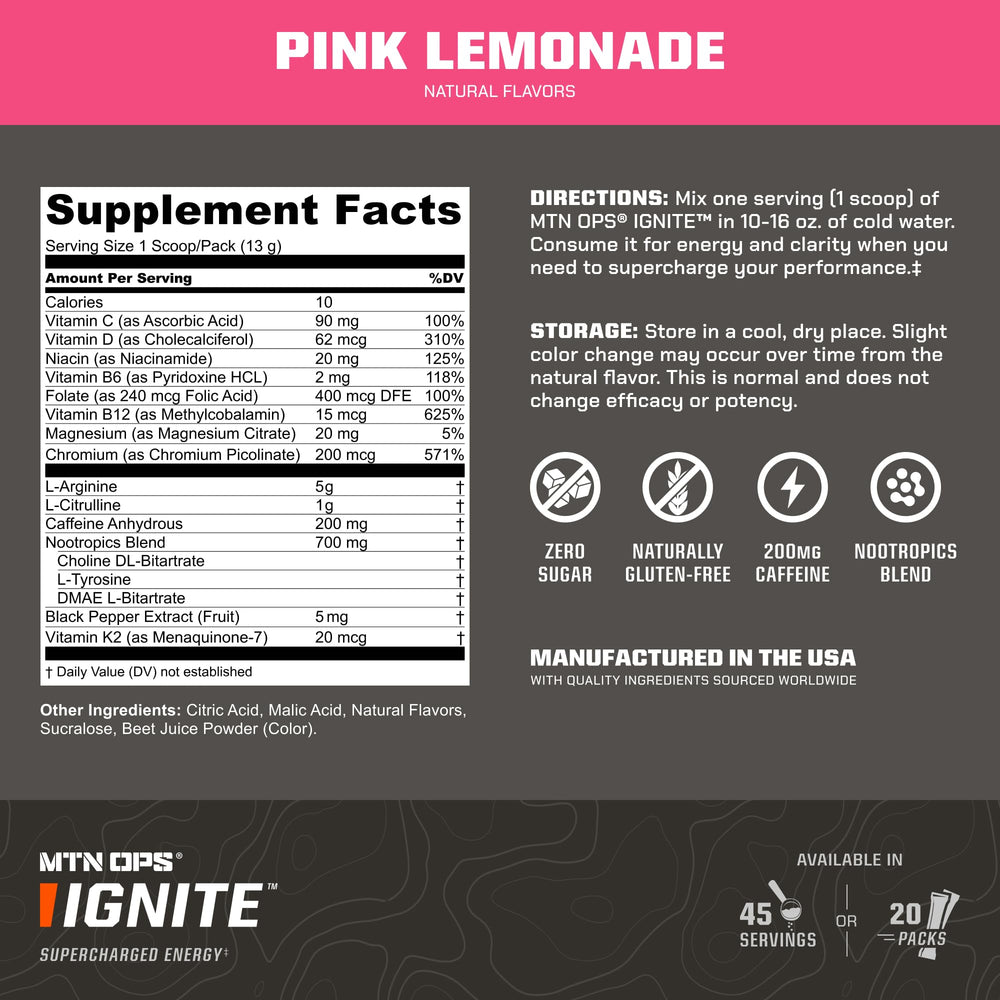 MTN OPS Ignite gluten-free formula close-up showing amino acids and caffeine