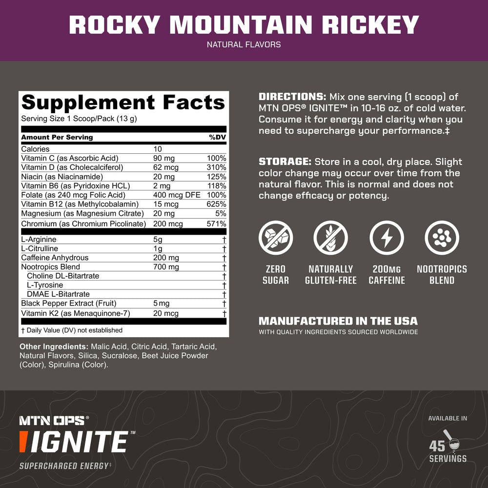 MTN OPS Ignite gluten-free label highlights clean ingredients.