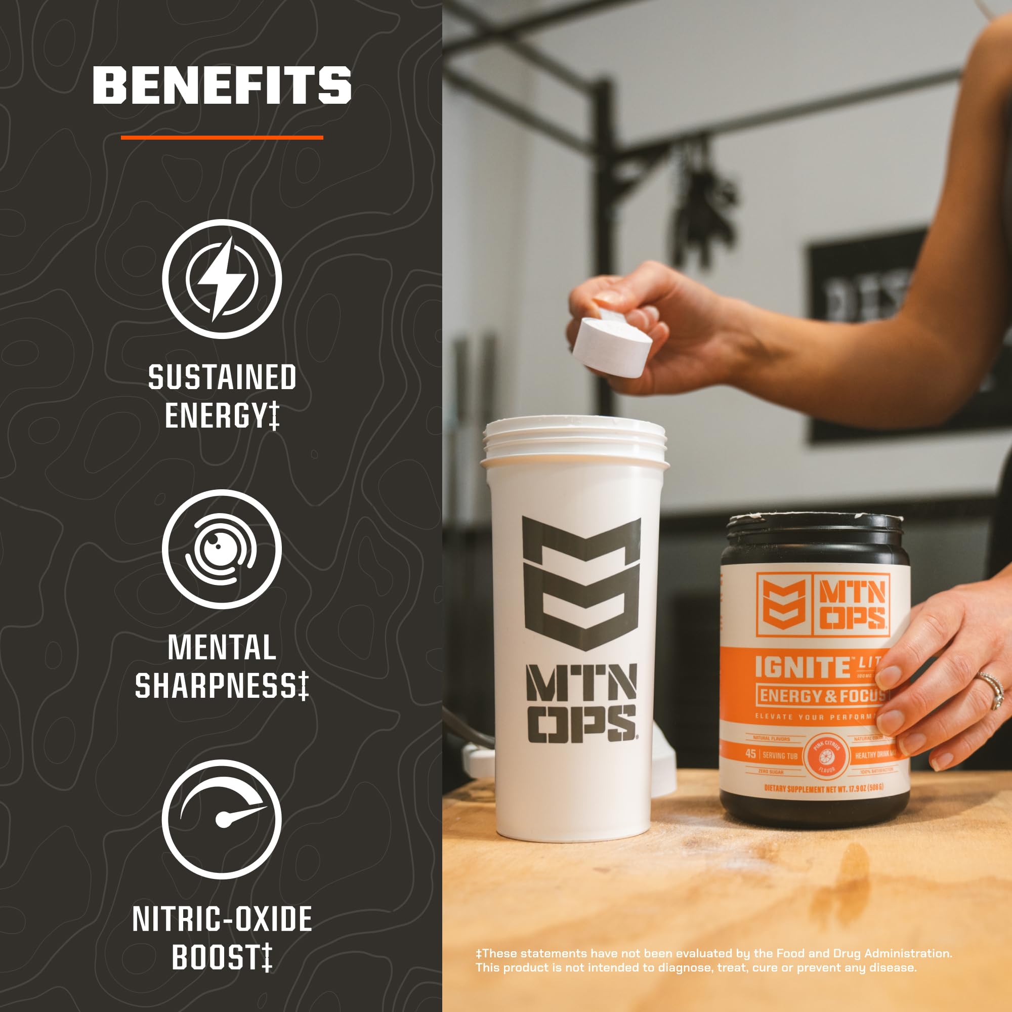 MTN OPS Ignite Lite dissolving in water with crisp forest berry flavor