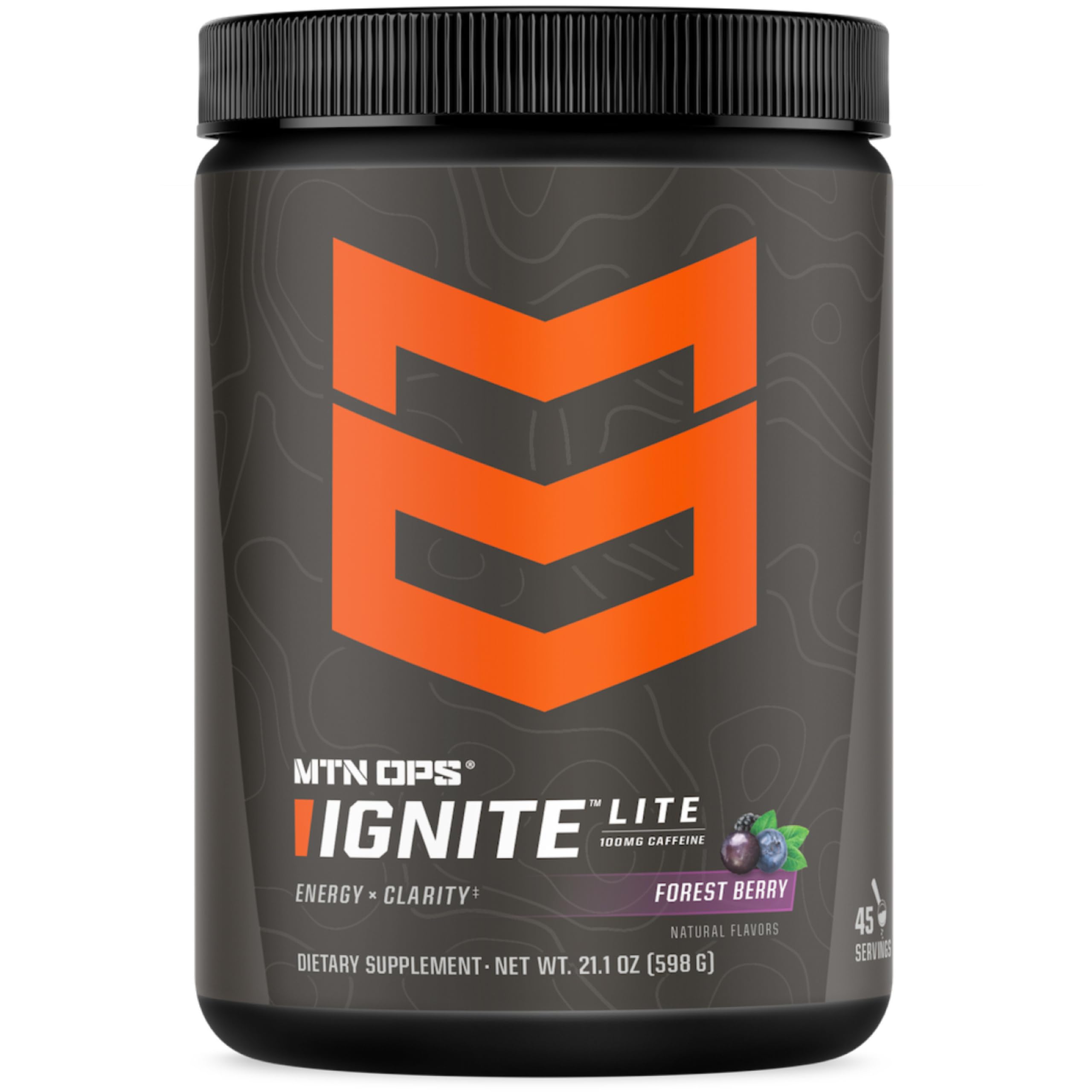 MTN OPS Ignite Lite forest berry tub front showing gluten-free, zero-sugar formula