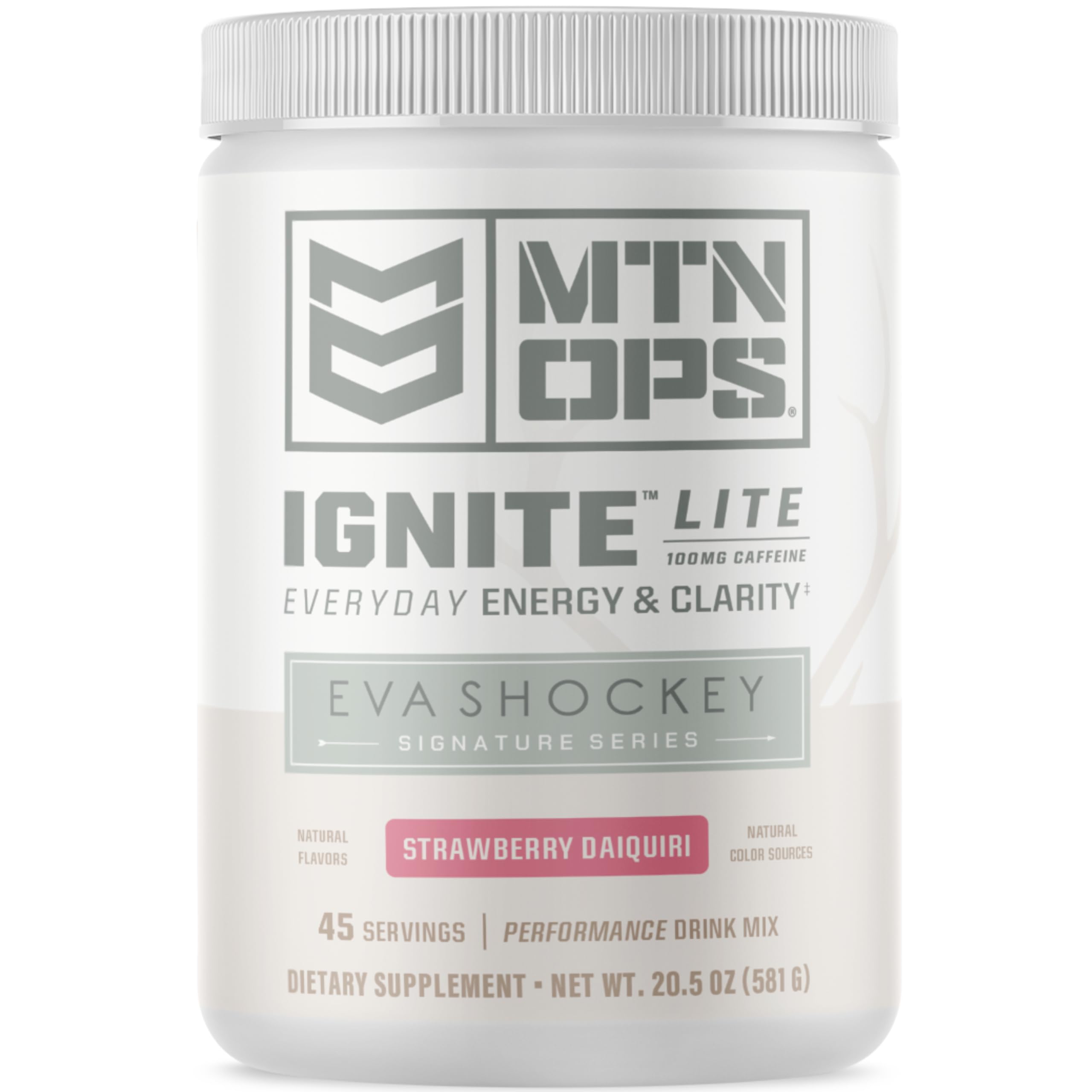 MTN OPS Ignite Lite powder tub close-up highlighting ingredients for a clean energy boost