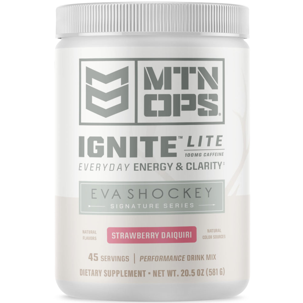 MTN OPS Ignite Lite powder tub close-up highlighting ingredients for a clean energy boost