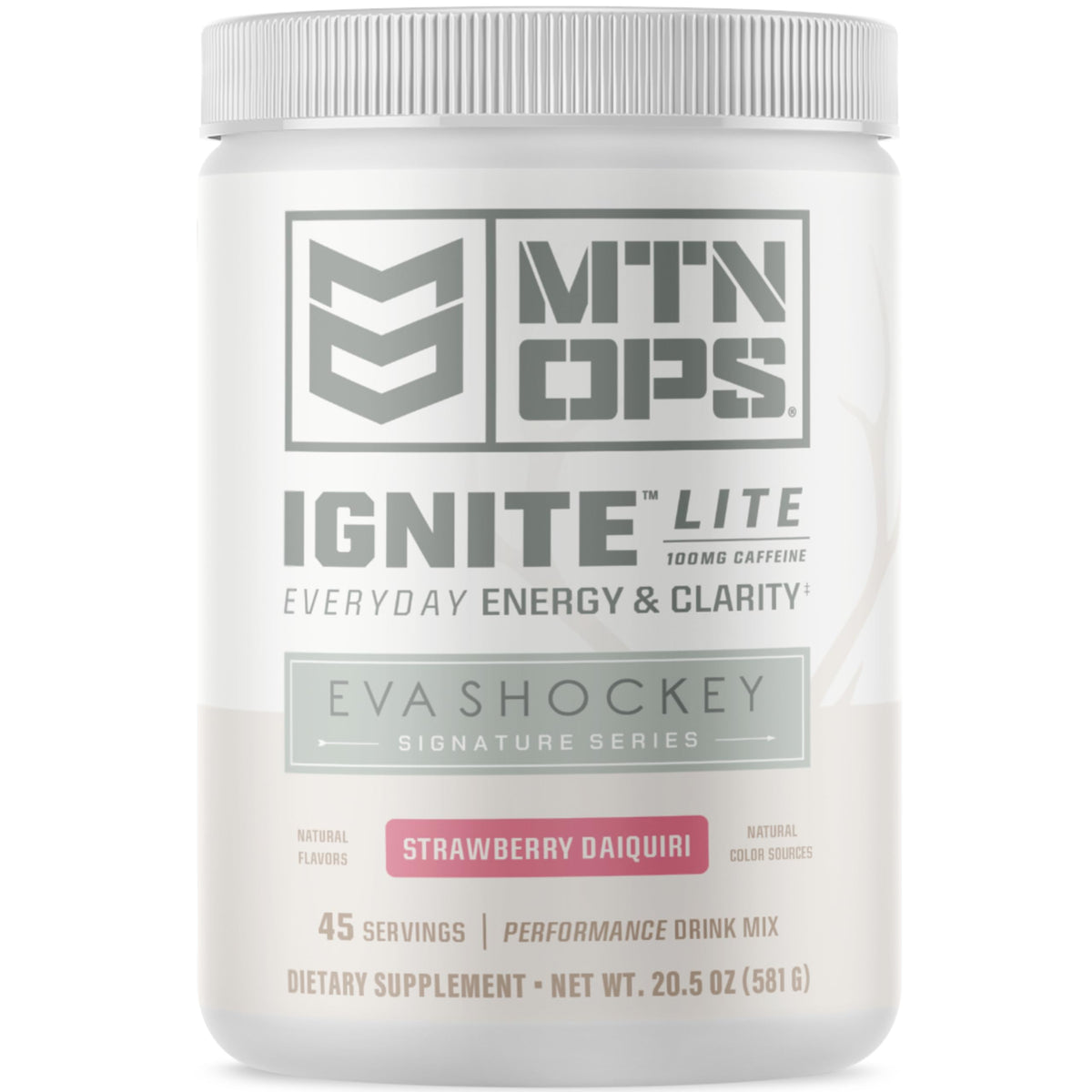 MTN OPS Ignite Lite powder tub close-up highlighting ingredients for a clean energy boost