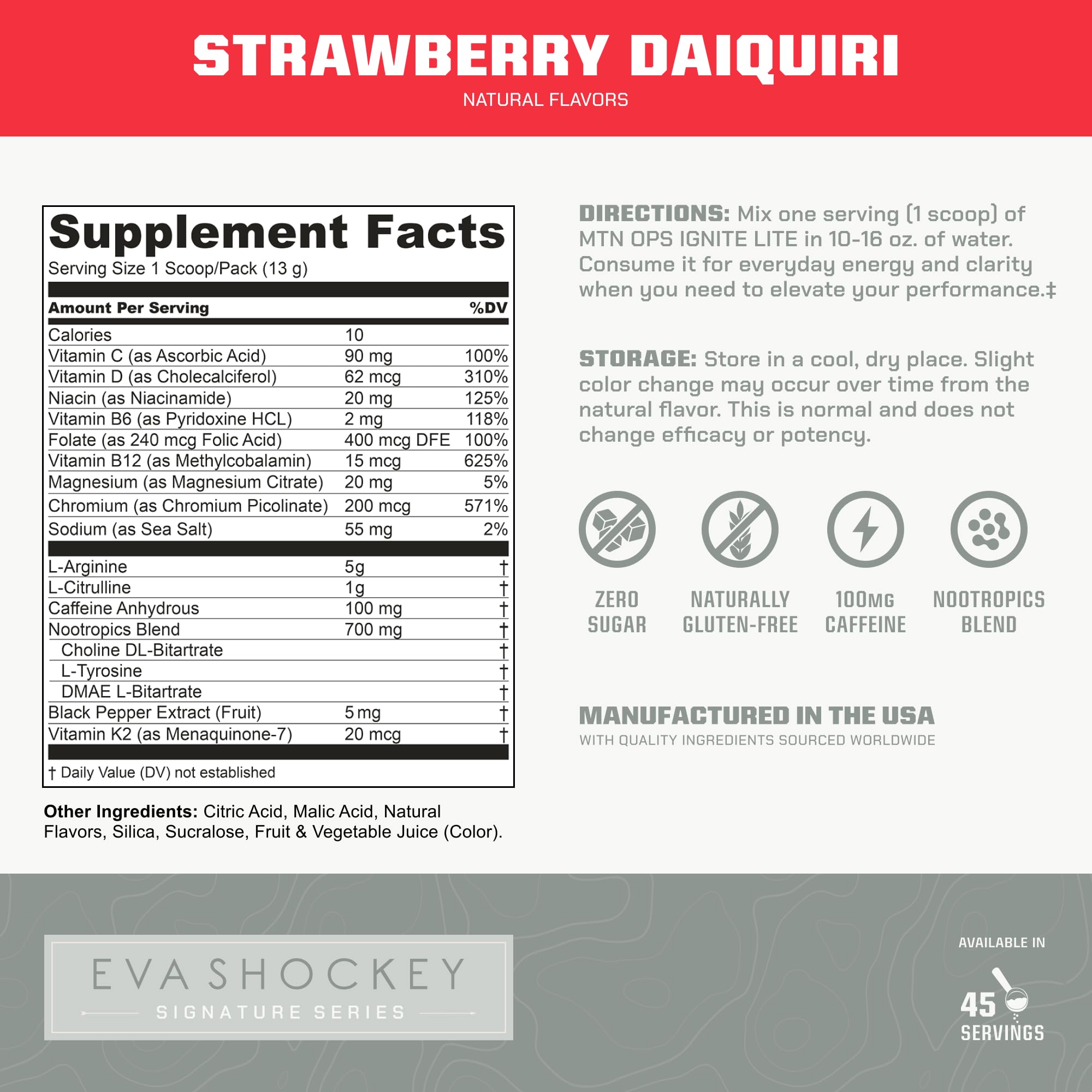 MTN OPS Ignite Lite prepared drink in glass showcases strawberry daiquiri flavor
