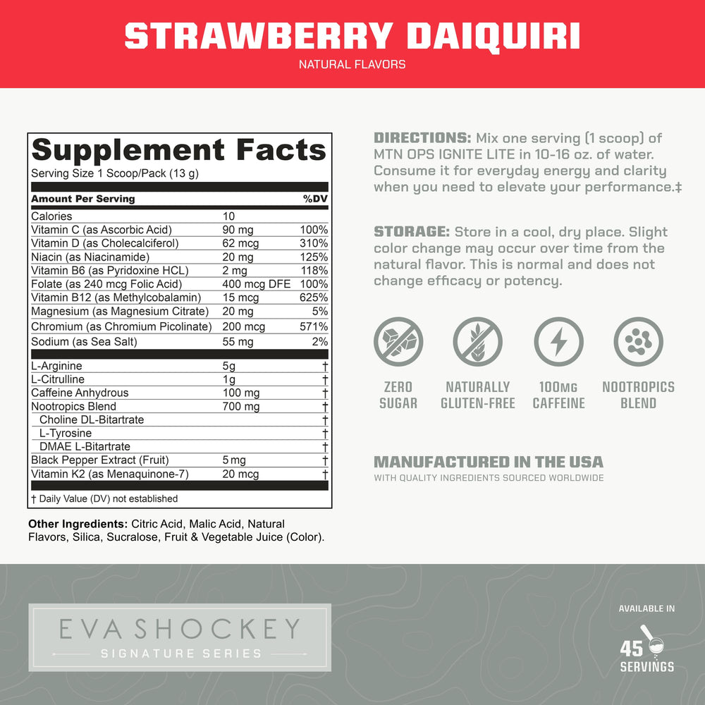 MTN OPS Ignite Lite prepared drink in glass showcases strawberry daiquiri flavor