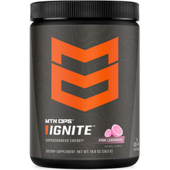 MTN OPS Ignite pink lemonade tub on counter for refreshing gluten-free energy