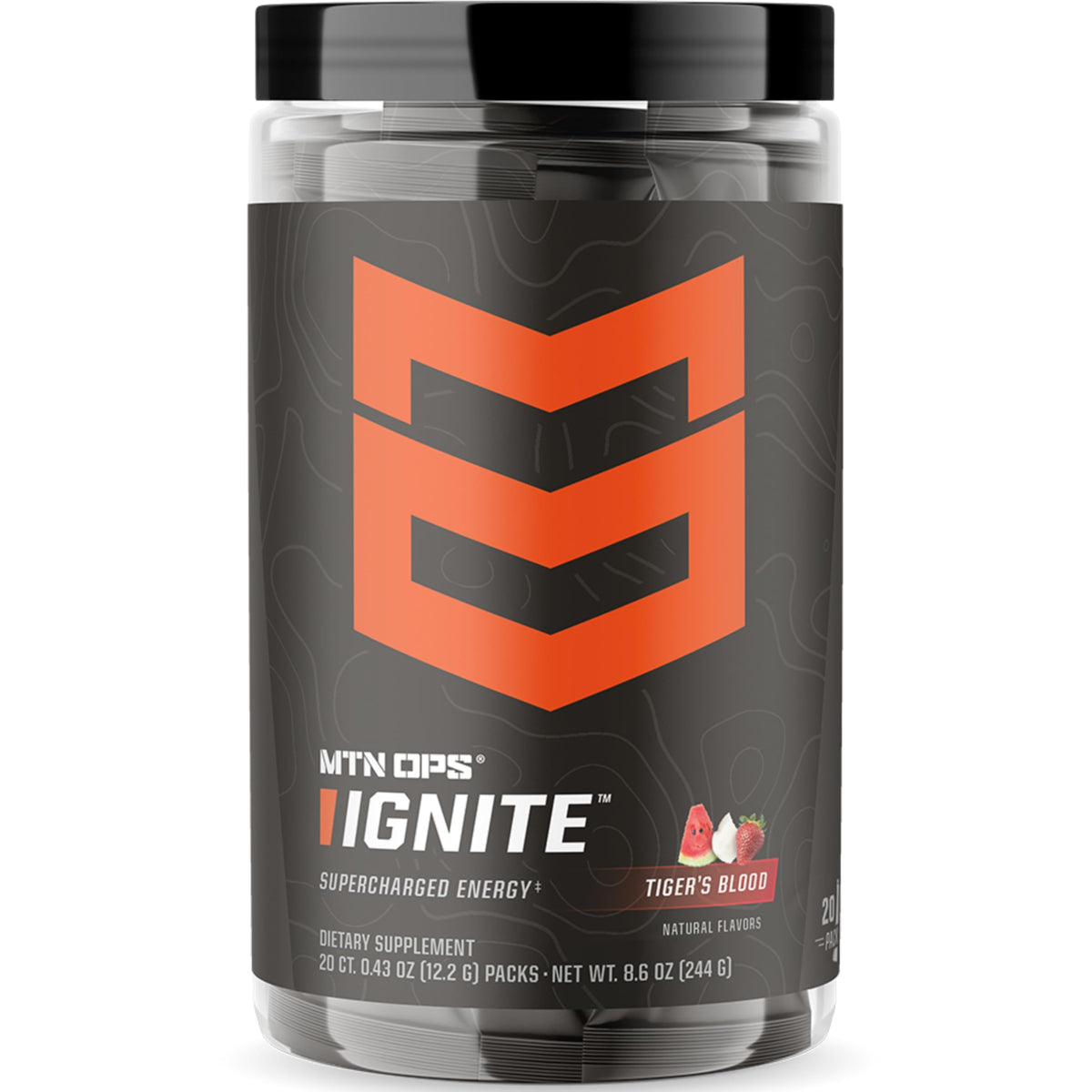 MTN OPS Ignite label shows Tiger's Blood flavor and gluten-free formula.