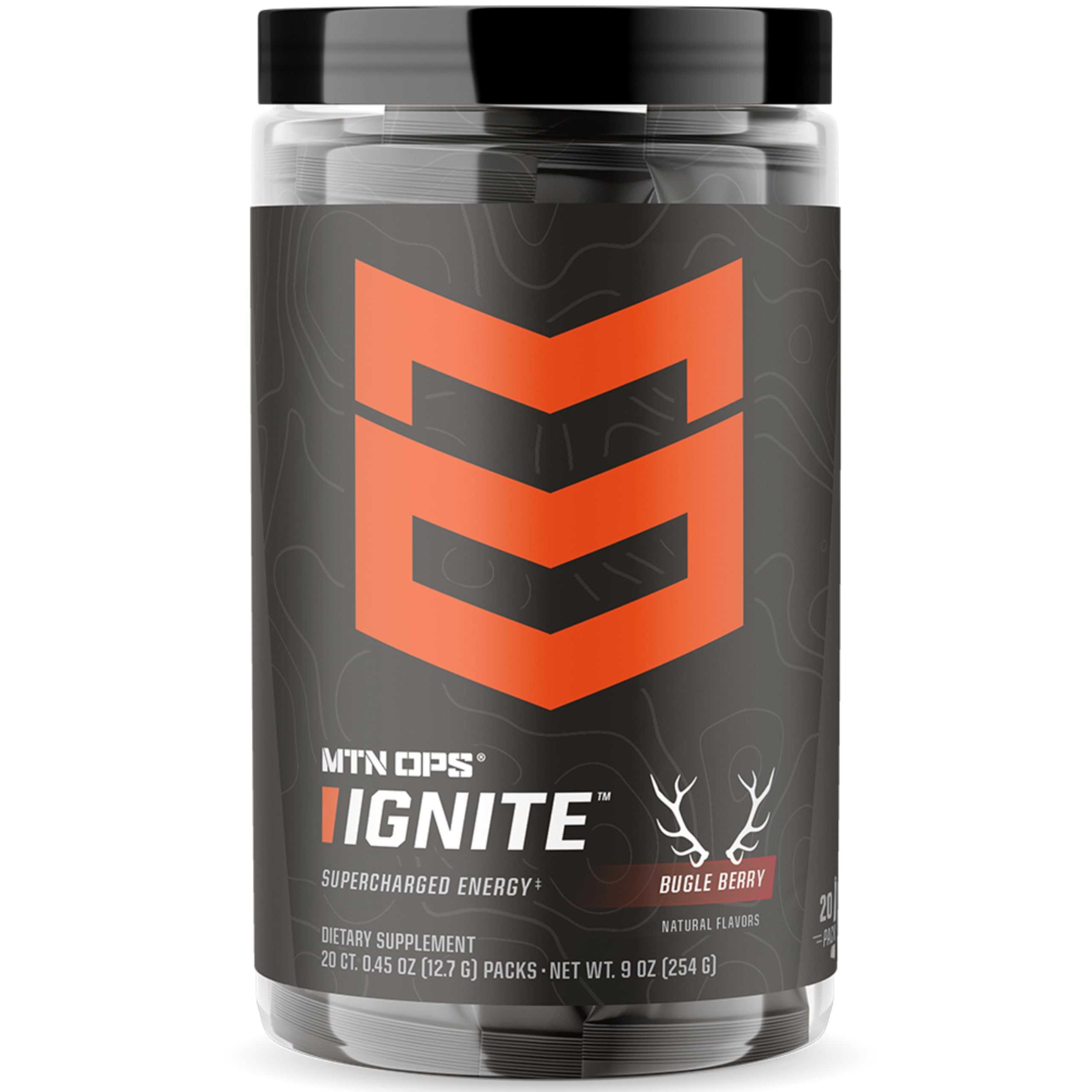 MTN OPS Ignite Trail Packs bottle being poured for quick energy during workouts.