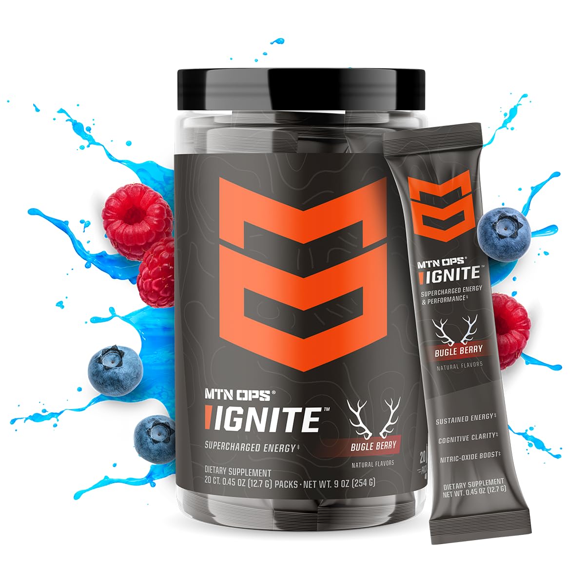 MTN OPS Ignite Trail Packs glass with mixed drink promoting focus and endurance.