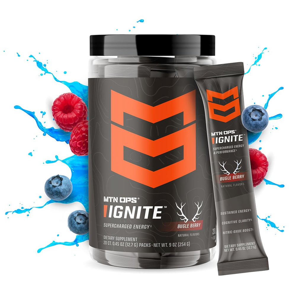 MTN OPS Ignite Trail Packs glass with mixed drink promoting focus and endurance.