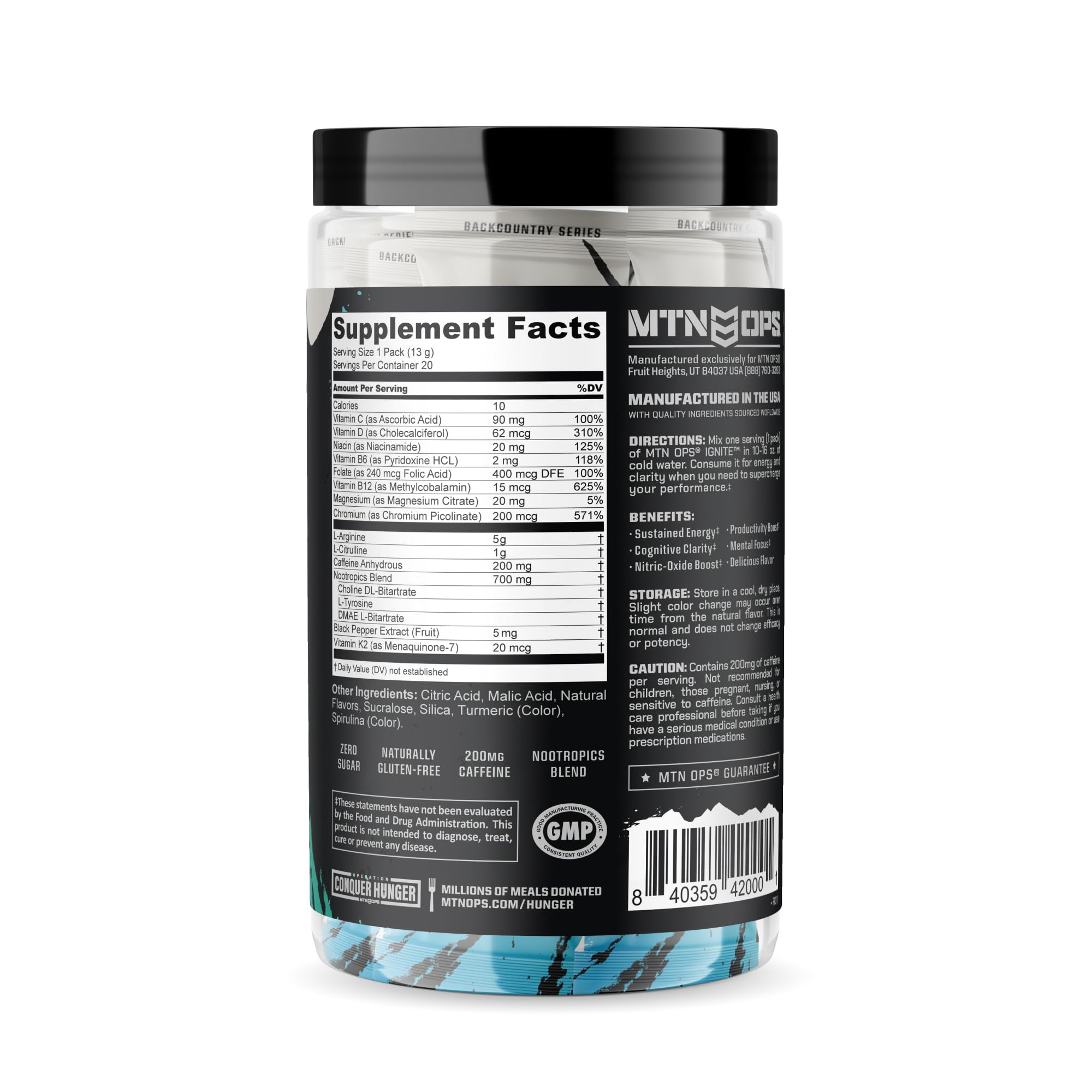 MTN OPS Ignite Trail Packs label close-up shows gluten-free claim and caffeine content.