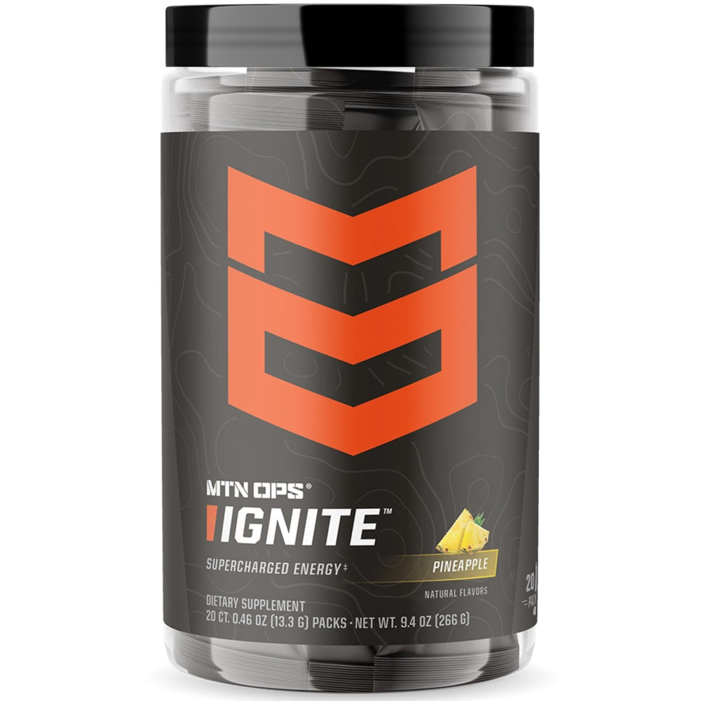 MTN OPS Ignite Trail Packs tub with Pineapple Crush for sustained energy.