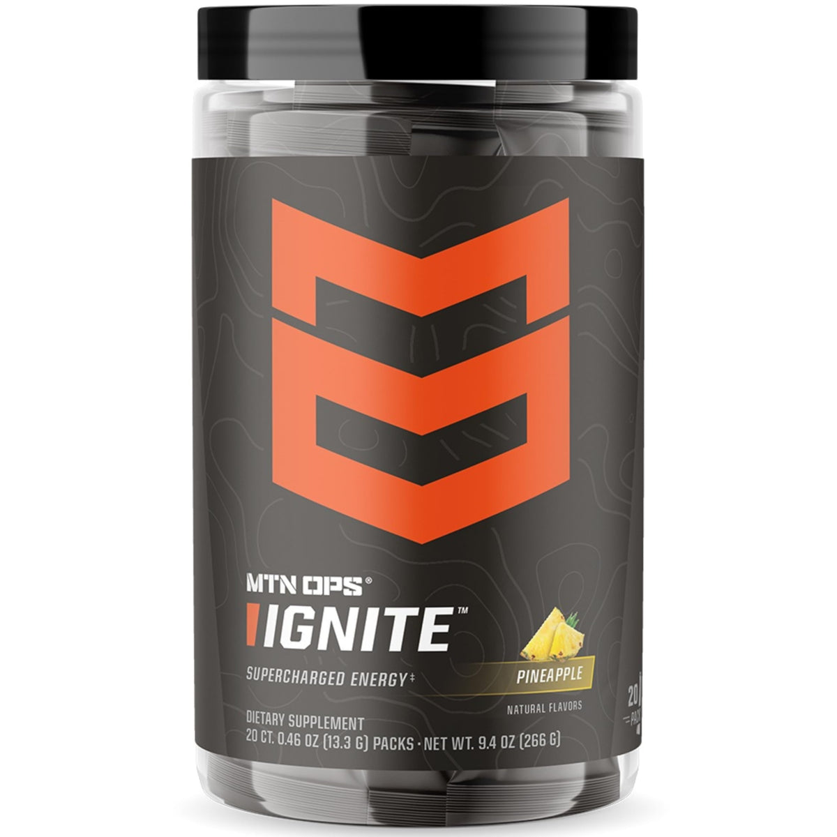 MTN OPS Ignite Trail Packs tub with Pineapple Crush for sustained energy.