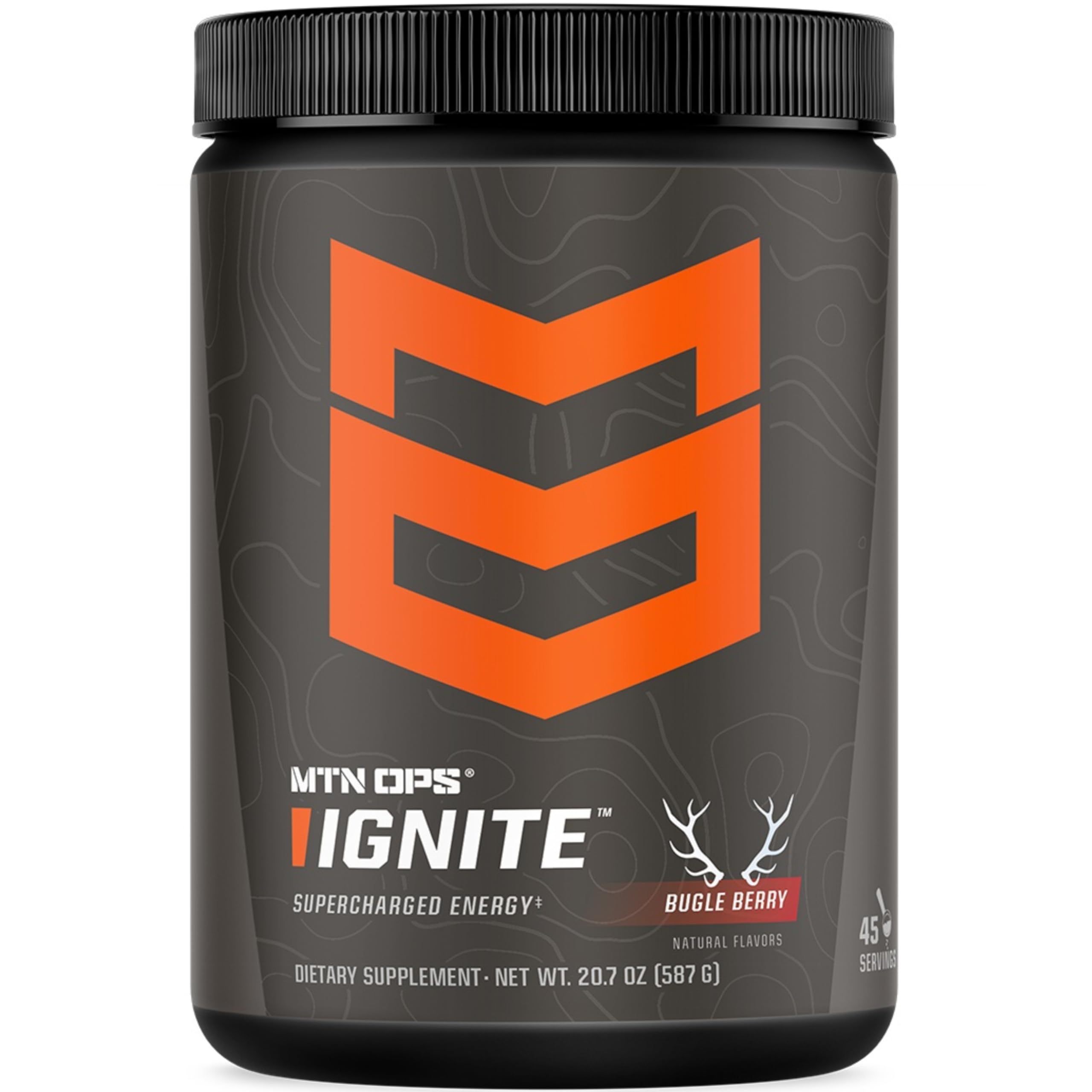 MTN OPS Ignite tub front view highlighting gluten-free energy and focus.