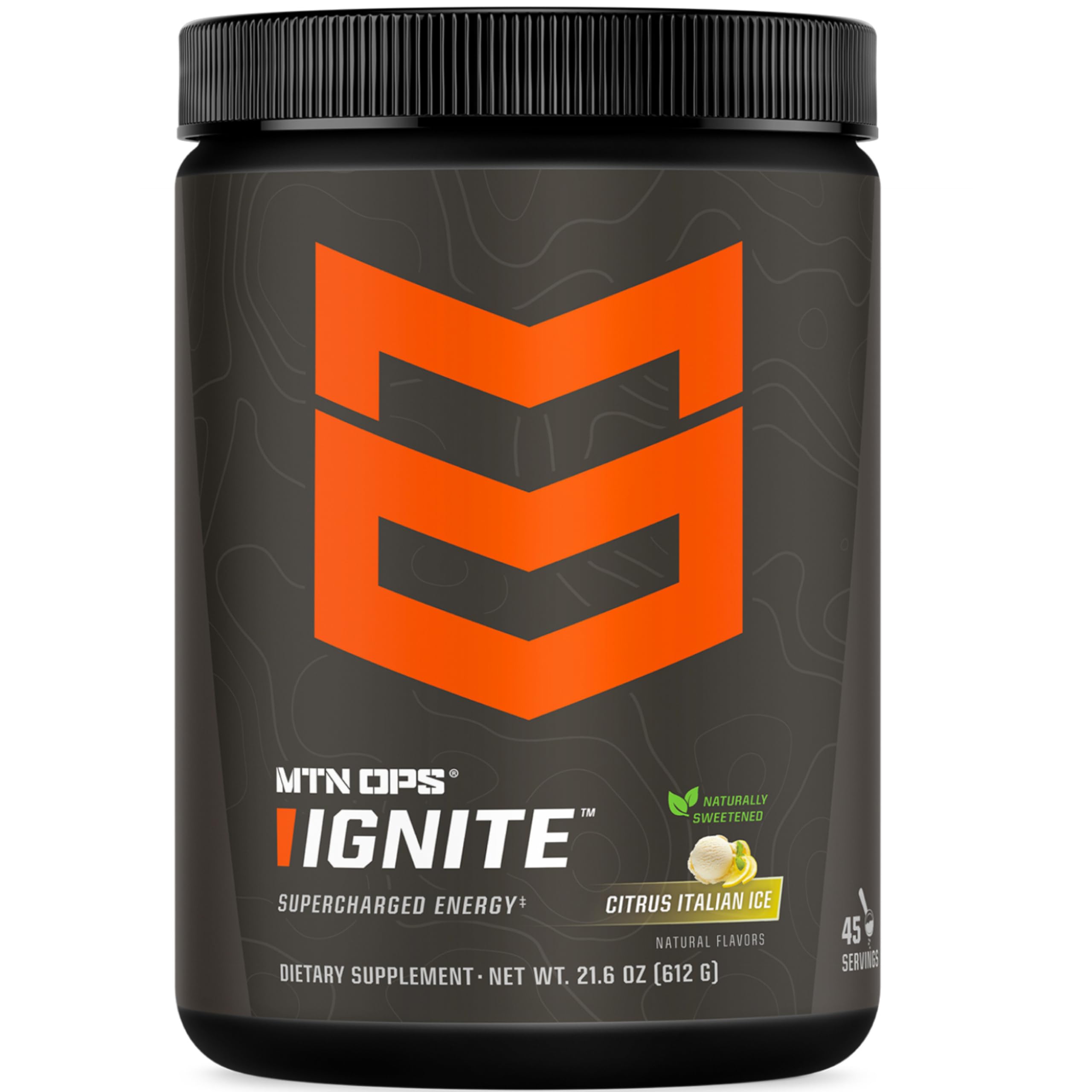MTN OPS Ignite tub front shows Citrus Italian Ice flavor and convenient container.