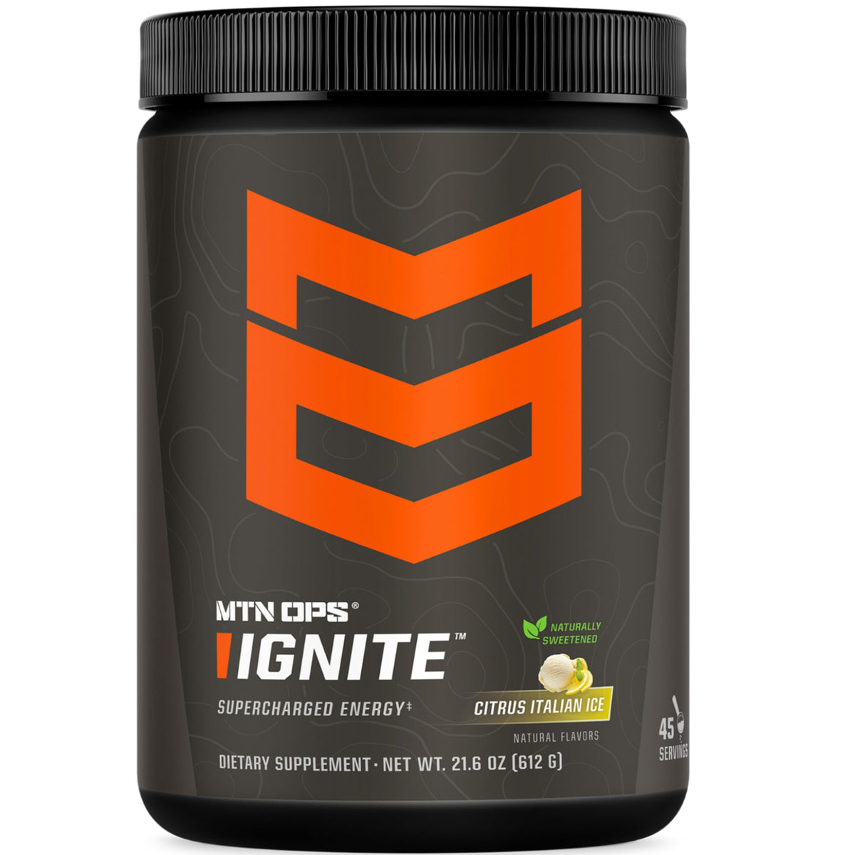 MTN OPS Ignite tub front shows Citrus Italian Ice flavor and convenient container.