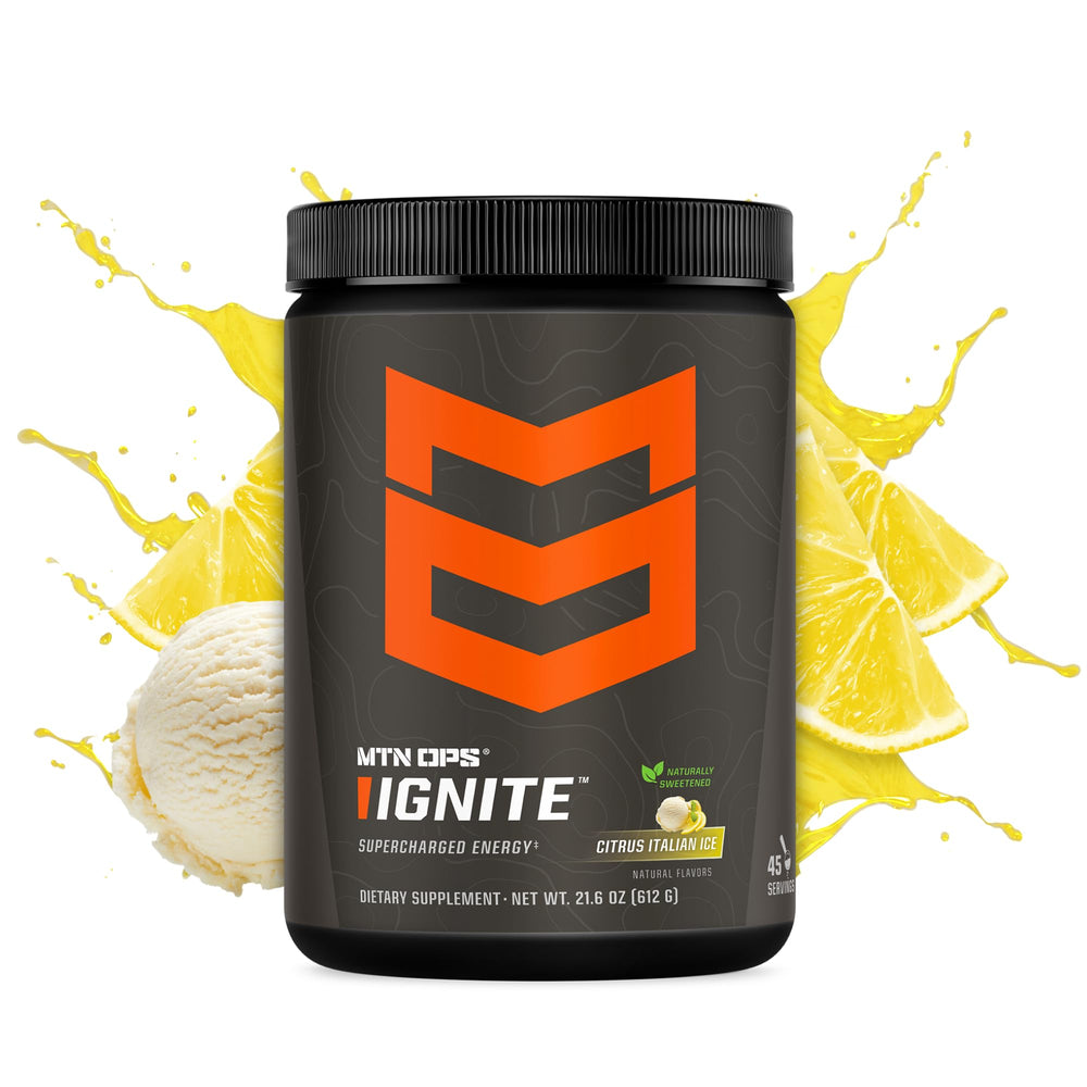 MTN OPS Ignite tub side highlights monk fruit sweetness and nutrition label.