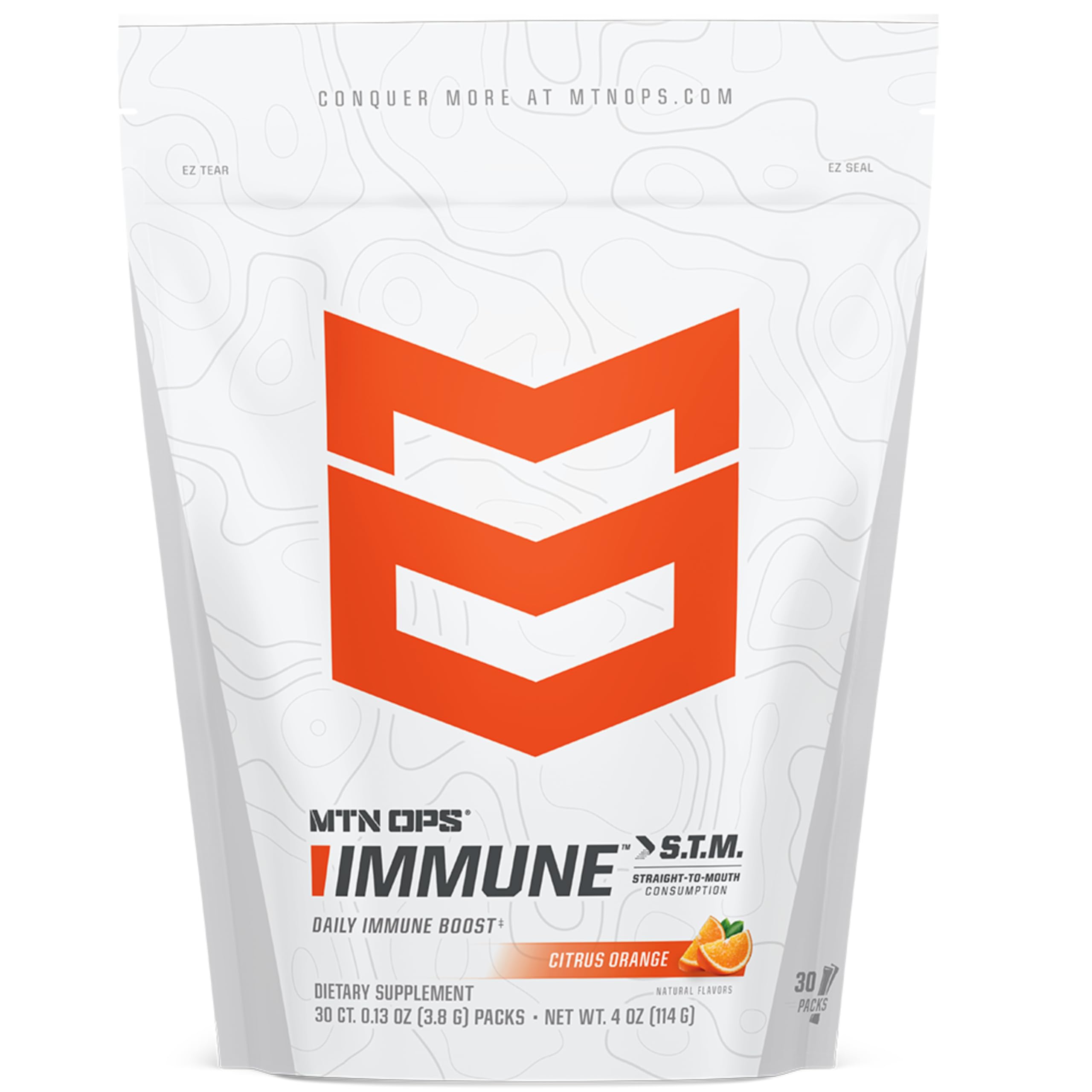 MTN OPS Immune STM sachet packaging shown for convenient on-the-go immune support.