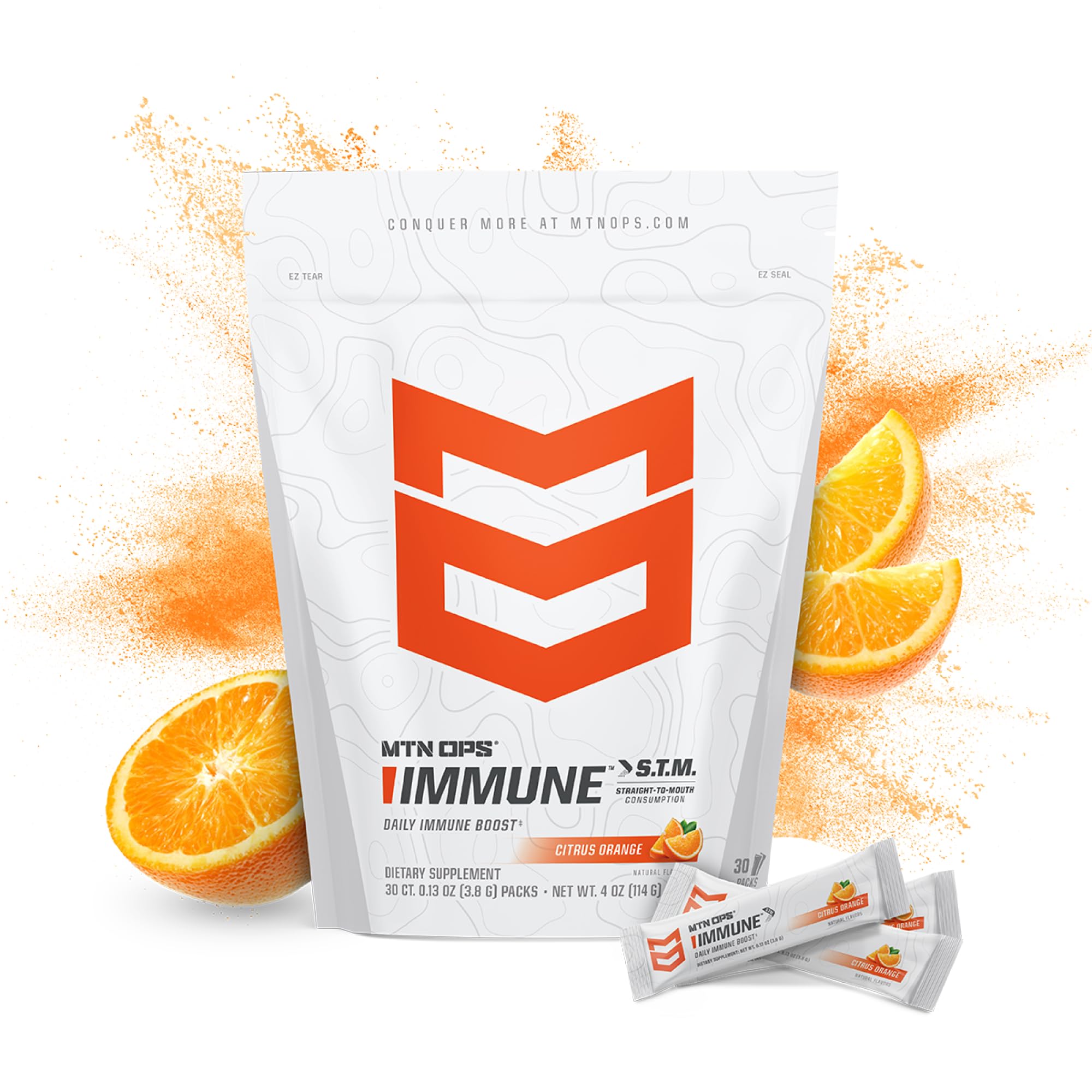 MTN OPS Immune STM tear and pour sachet demonstrates Straight to Mouth delivery.