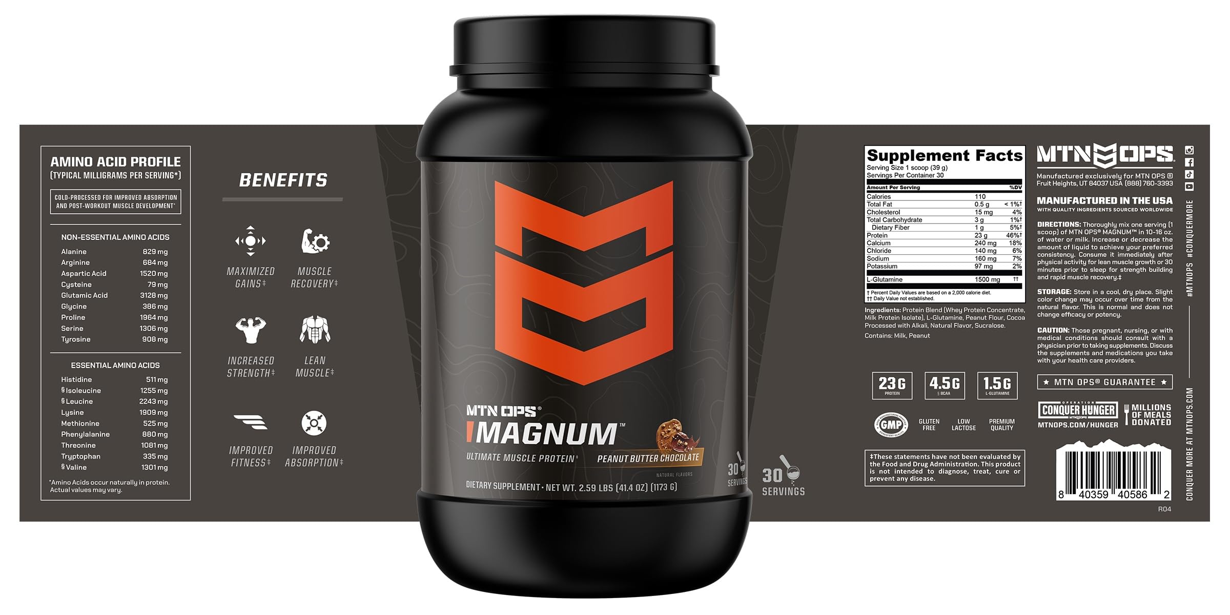 Nutrition panel highlights 23g protein per serving on MTN OPS Magnum.
