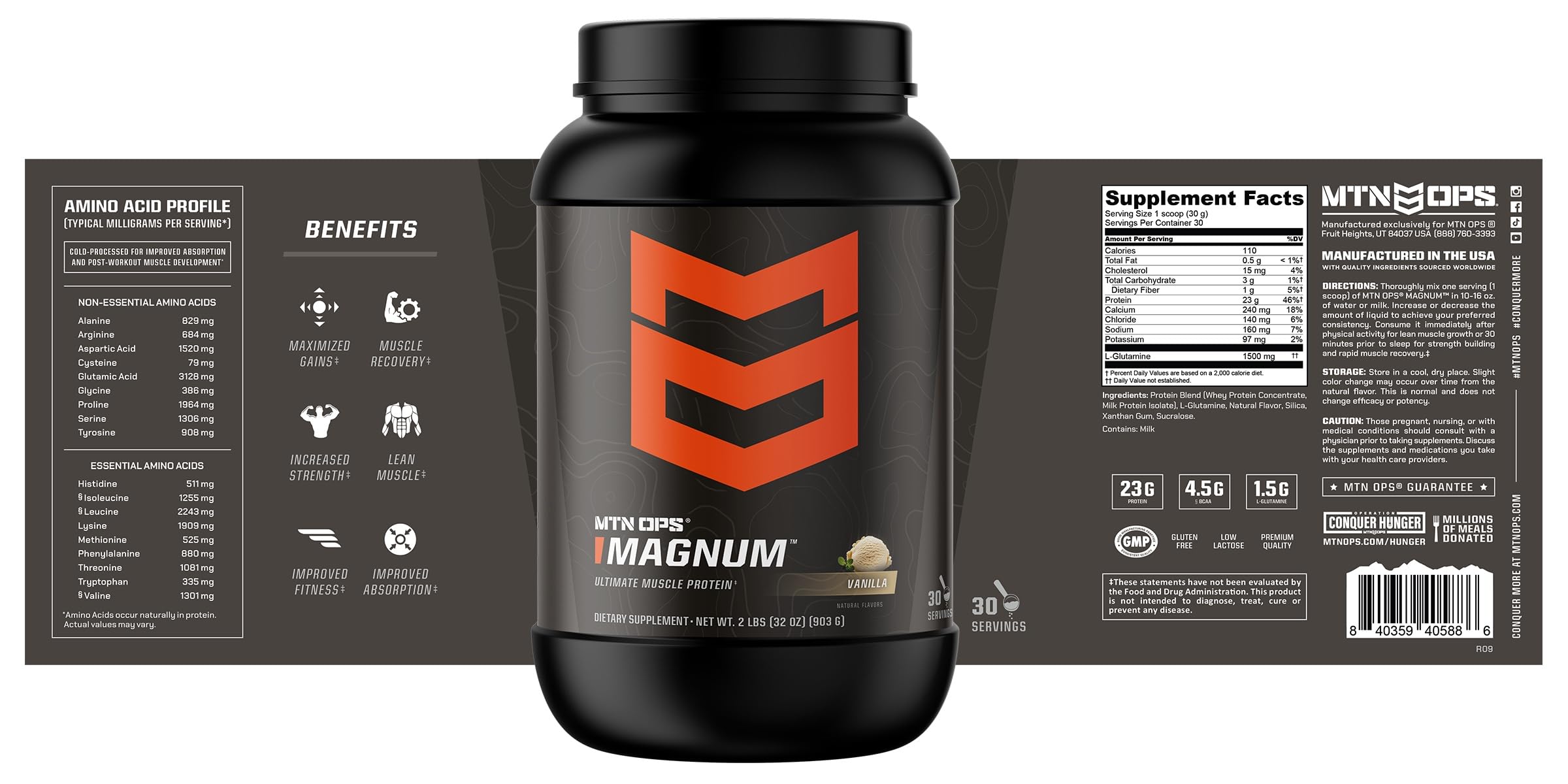 MTN OPS Magnum Vanilla ingredients panel highlights gluten-free zero sugar profile