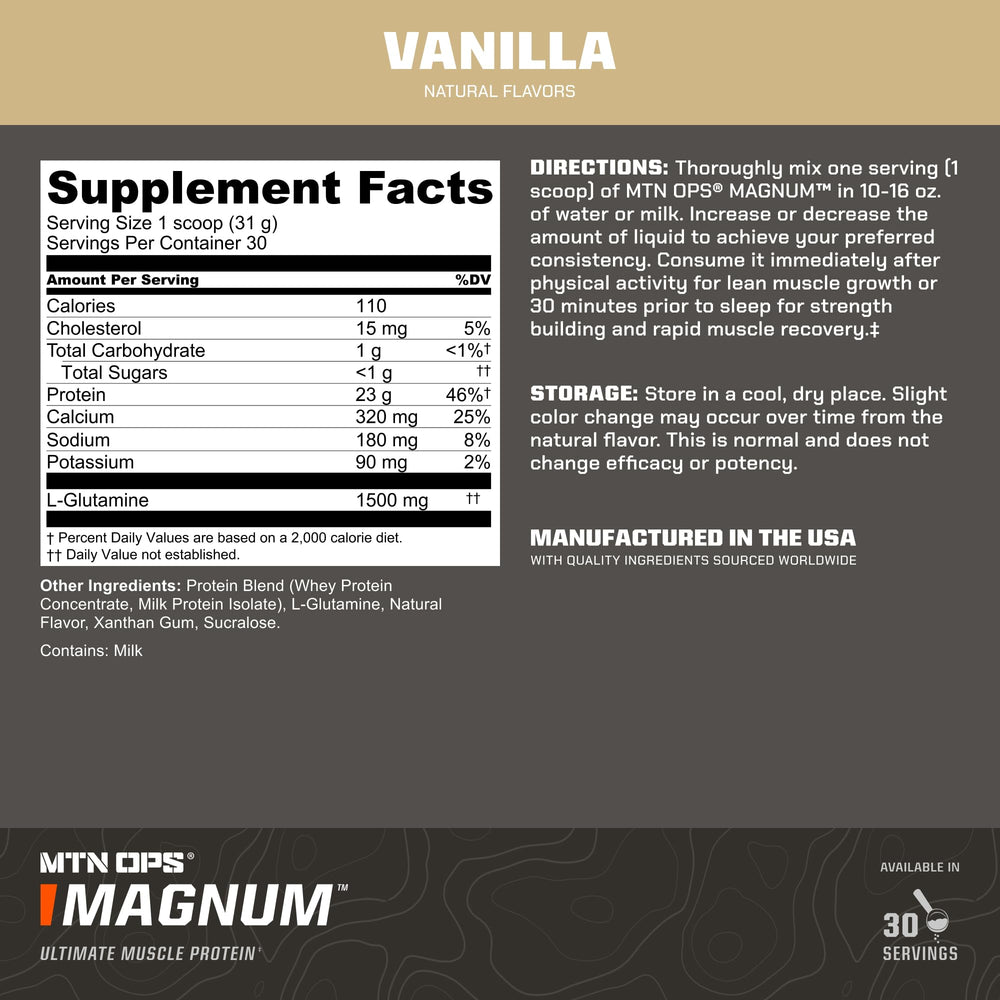 MTN OPS Magnum Vanilla label closeup emphasizes 23g protein per serving