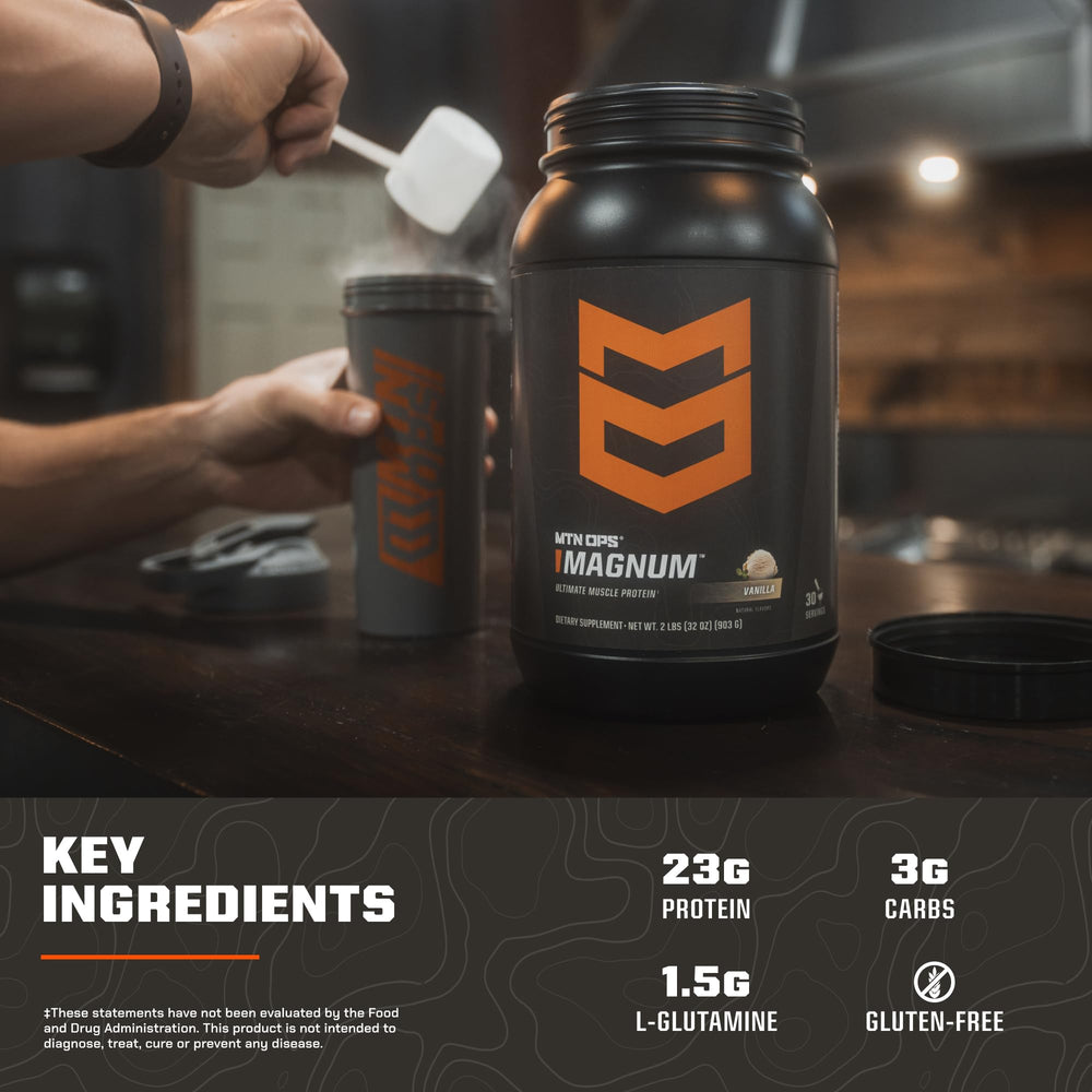 MTN OPS Magnum Vanilla mix in water yields a smooth post-workout shake