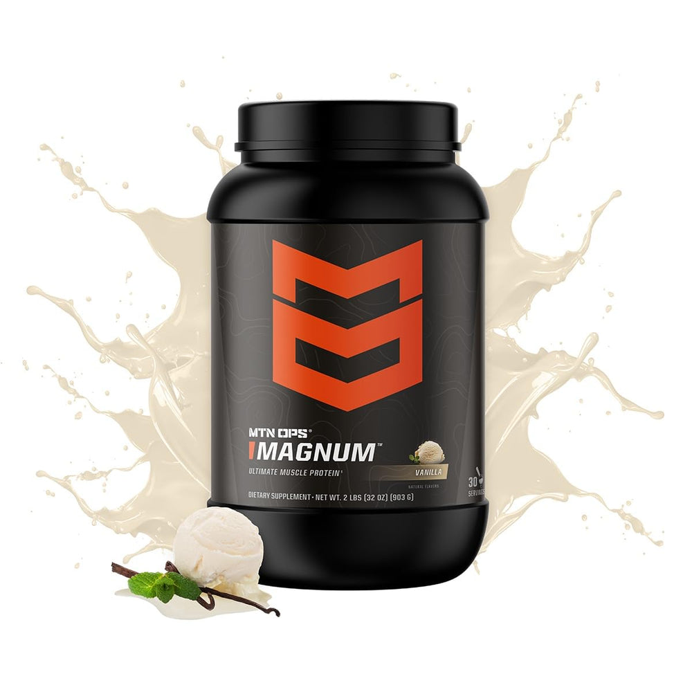 MTN OPS Magnum Vanilla protein tub back shows nutrition facts