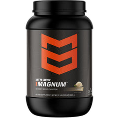 MTN OPS Magnum Vanilla protein tub front highlights lean muscle support