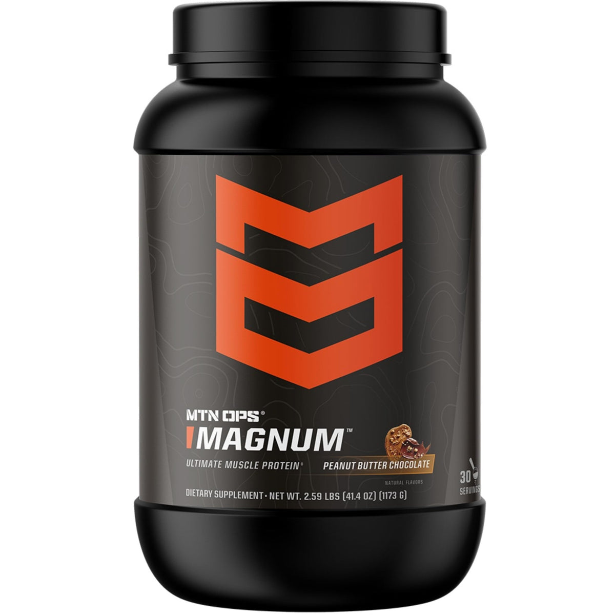 MTN OPS Magnum whey isolate tub in peanut butter chocolate flavor for high protein shakes.