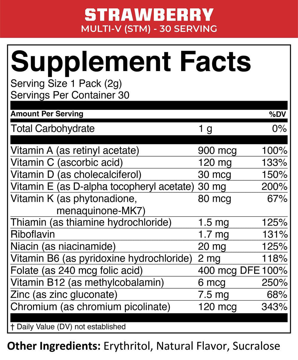 MTN OPS Multi-V bottle back showing ingredients and nutrition facts